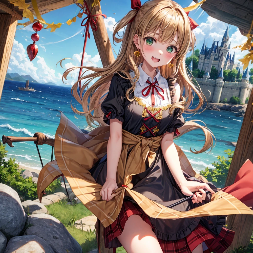 reddish-brown blonde、green eyes、one good looking girl、solo、anime、plaid mini skirt、the skirt has buttons、camisole、black t-shirt、dress、wearing a ribbon、ribbon at waist、cloak、hood、clouds are swirling、stone slabs are piled up、one hand raised、crystal earrings、sun、gold coins are falling、teeth are visible、splash of water、monster castle、have a world map、bow、Swing、ceiling、frying pan、graffiti、scarecrow、heart