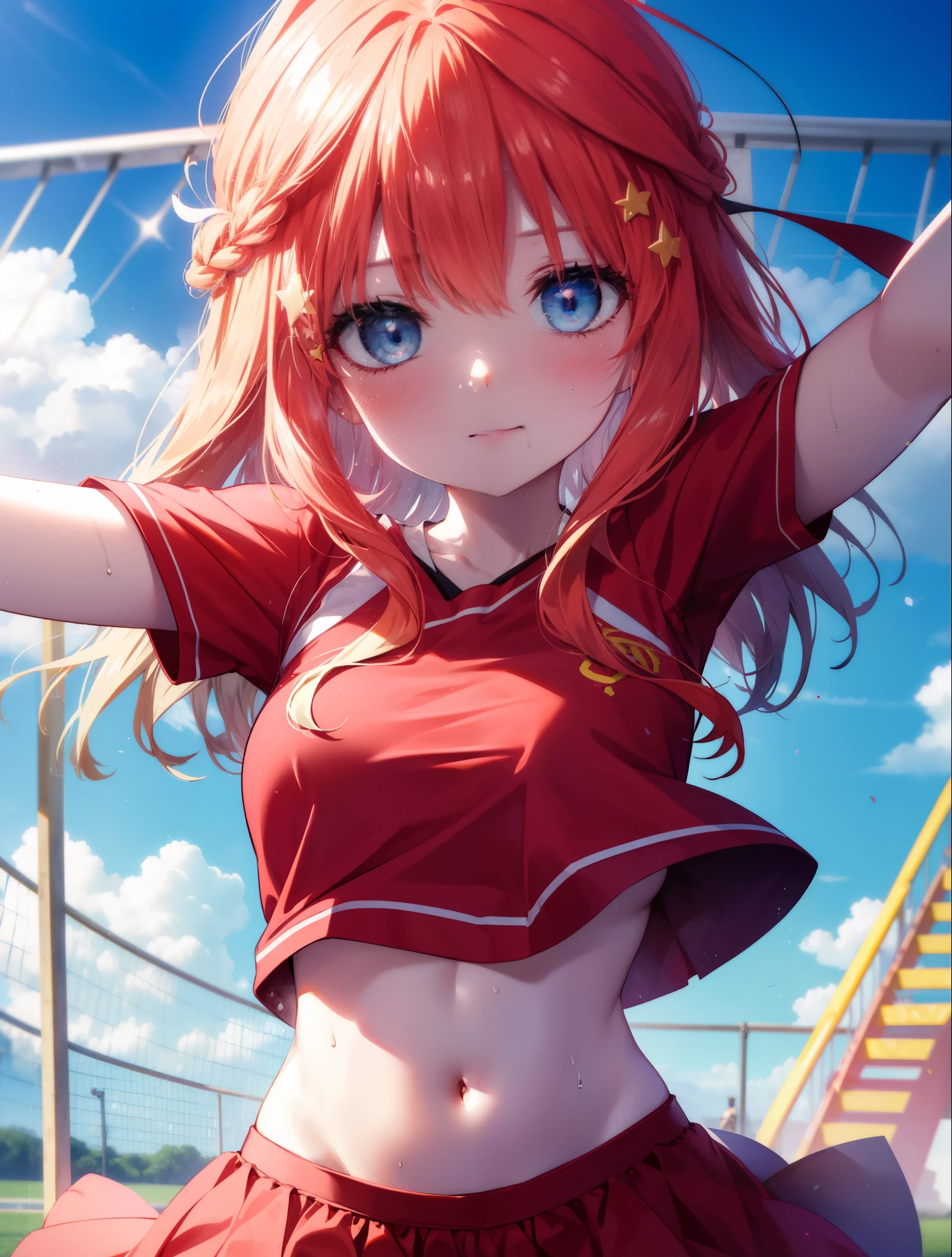 Satsuki Nakano, Itsuki Nakano, pom pomを両手で持っている,blush,open your mouth,smile,bangs, blue eyes, hair between eyes, Ahoge, redhead, star \(symbol\), hair ornaments, star hair ornaments,Braid,(Very delicate eyes), (Cheerleader), (whole body), big breasts, lower, (sweaty), sweaty Wet Clothes, (red clothes), , navel support, playground, (jump), (jump), 足を曲げてjumpする, air, blue sky, Grass原, smileのCheerleader, pom pom \(Cheerleader\), Grass,
break looking at viewer, break outdoors, big arena(Visitors have),playground,
break (masterpiece:1.2), highest quality, High resolution, unity 8k wallpaper, (shape:0.8), (beautiful and detailed eyes:1.6), highly detailed face, perfect lighting, Very detailed CG, (perfect hands, perfect anatomy),