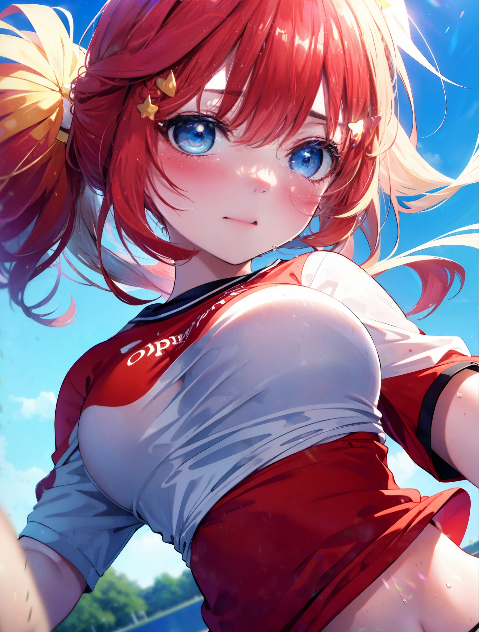 Satsuki Nakano, Itsuki Nakano, pom pomを両手で持っている,blush,open your mouth,smile,bangs, blue eyes, hair between eyes, Ahoge, redhead, star \(symbol\), hair ornaments, star hair ornaments,Braid,(Very delicate eyes), (Cheerleader), (whole body), big breasts, lower, (sweaty), sweaty Wet Clothes, (red clothes), , navel support, playground, (jump), (jump), 足を曲げてjumpする, air, blue sky, Grass原, smileのCheerleader, pom pom \(Cheerleader\), Grass,
break looking at viewer, break outdoors, big arena(Visitors have),playground,
break (masterpiece:1.2), highest quality, High resolution, unity 8k wallpaper, (shape:0.8), (beautiful and detailed eyes:1.6), highly detailed face, perfect lighting, Very detailed CG, (perfect hands, perfect anatomy),