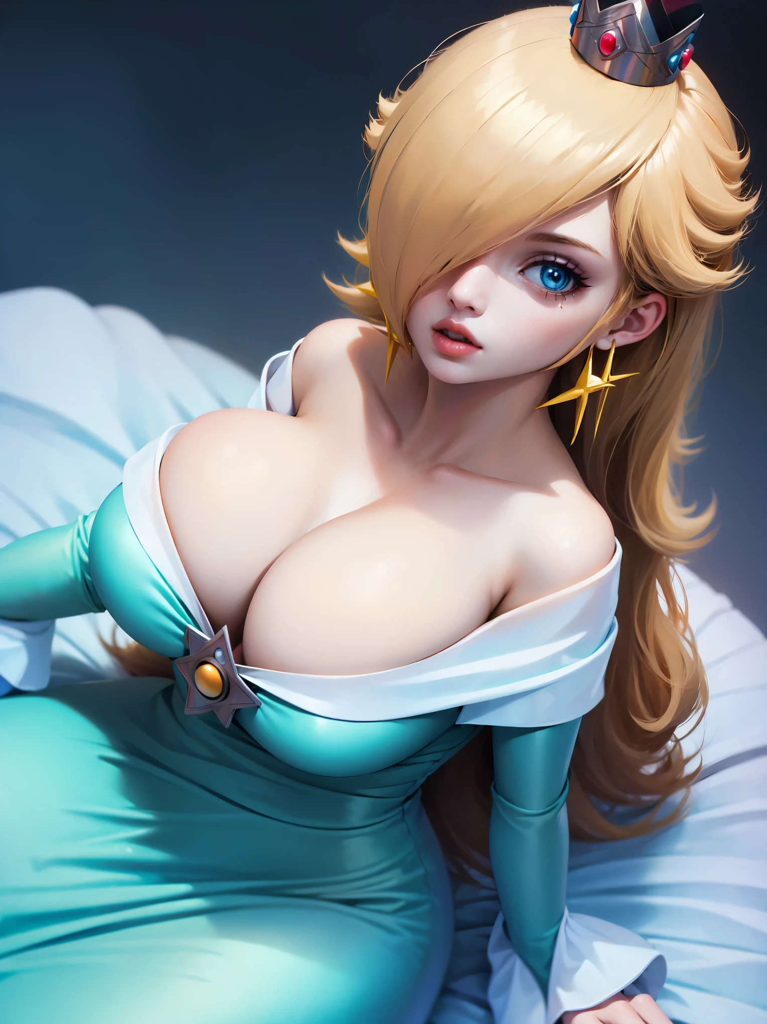 ((high detailed, best quality, 4k, masterpiece, hd:1.3)), ((best quality)), (((HD))), (((8k))), (ultraDH), (ultra HD), Princess Daisy, blue eyes, BREAK blue eyes, seductive, attractive, smooth anime cg art, 36C breasts, long legs, vivid colors, detailed digital art, slim body, perfect skin, dark blonde hair, long hair, blonde hair, blonde hair, BREAK crown, cleavage, 36C cleavage, looking at viewer, BREAK looking at viewer, extremely detailed face, earrings, gem, dark black makeup lips, dark gothic eyeshadows, dark eyeshadows, black eyeshadows, pink sexy lips, pink lips, (dark:1.2), light lips, very light lips, (perfect hands, perfect anatomy), pink makeup, pink medium lips, pink thick lips, detailed fingers, five fingers per hand, 5 fingers, (1 girl), detailed lips, detailed pink lips, pink painted lips, gothic painted lips, BREAK night, night sky, (breast focus), (arms outstreched:1.2), (from above:1.1), (breasts out:1.3), (off shoulder:1.1), (blue corset), in a spacial station, spacial background,