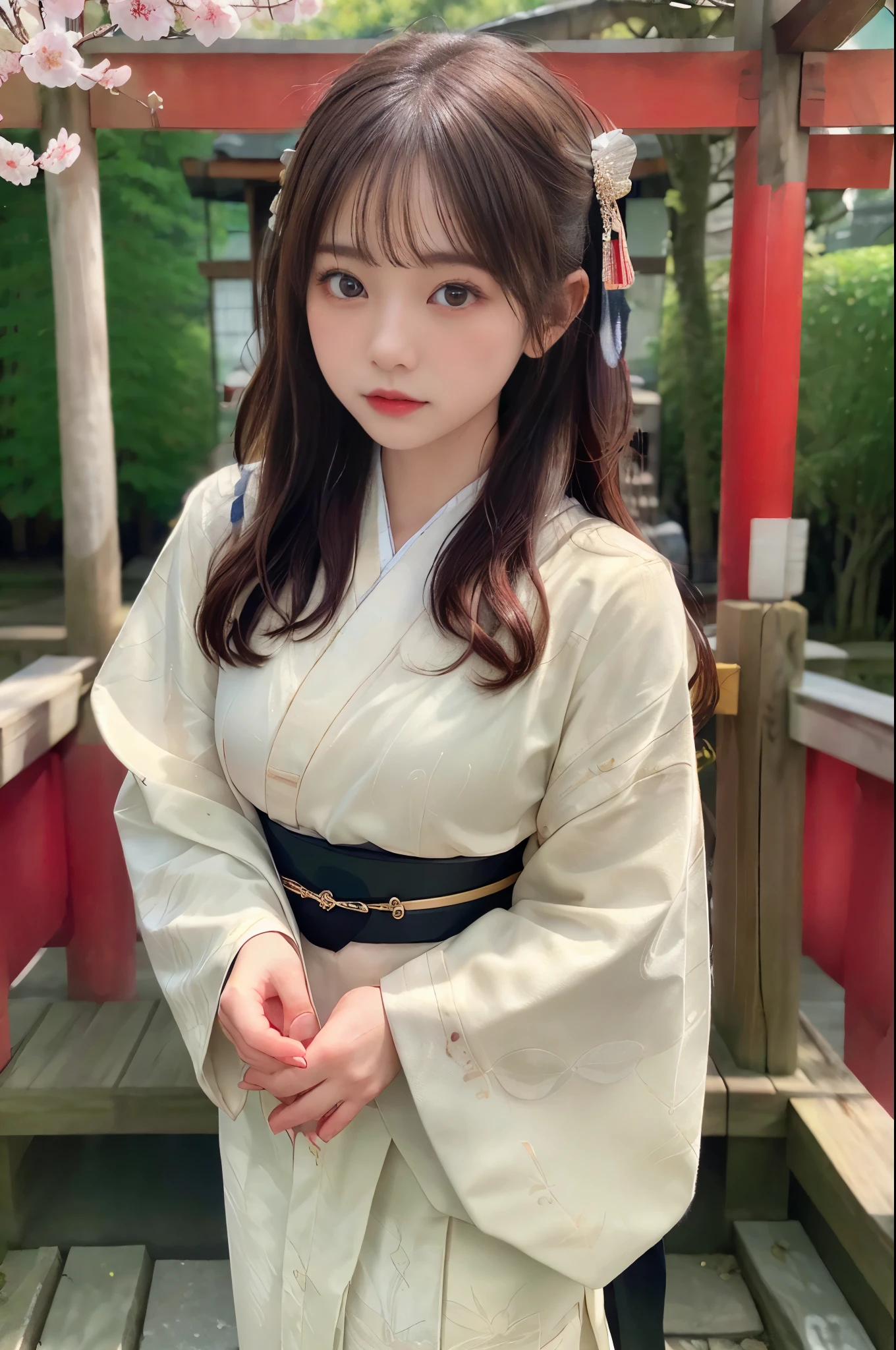 ((masterpiece,best quality 1.4)), (8k,RAW photo:1.2), (realistic,photo realistic:1.4), ultra high resolution , (Highly detailed 8k wallpaper) ,japanese idol, Japanese actress, Japanese, very cute, Big eyes, highly detailed eyes and face, Beautiful eyes in every detail,shiny skin,portrait,(medium hair and straight hair :1.3), professional lighting, sharp focus, Depth of written boundary , (dynamite angel:1.4 ). blur background, Bokeh, (Kimono with gorgeous patterns) :A peaceful Japanese garden in spring, featuring a stone path winding through moss-covered ground, with cherry blossoms overhead and a traditional tea house in the distance.