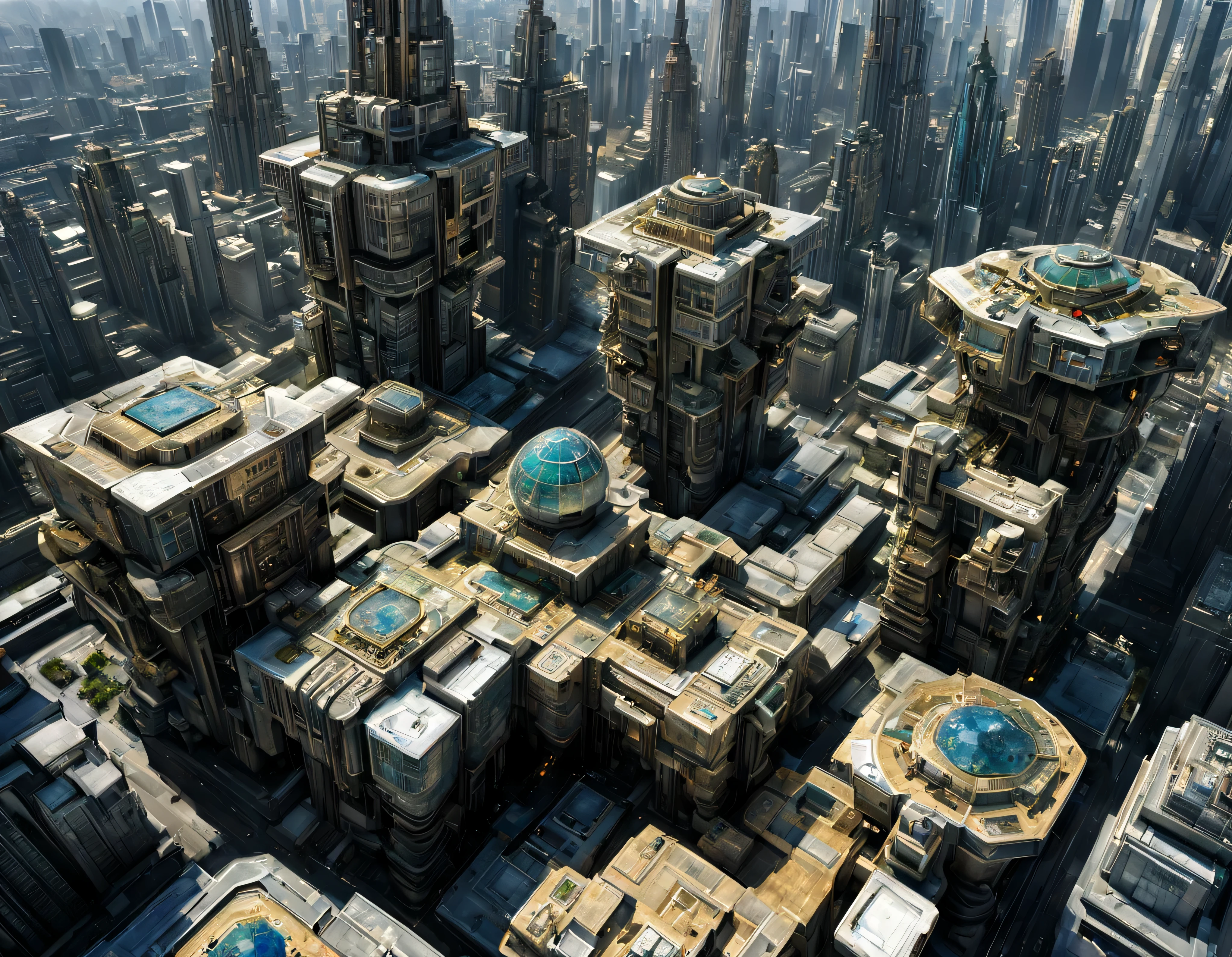 plaza of a megacity, highly technological megalopolis in its design and structure corresponding to the 30th century, vista desde una terraza, con inmensos edificios piramidales y octogonales de metal y cristal donde predominan el oro, la plata y el bronce y cristales de diamantes de diversos colores. dull pavement, poca gente paseando, similar a Coruscant, imagen bien definida 8k, (intrincados detalles de la maquina), con muchos edificios juntos.(obra maestra de superior calidad).(imagen fotorrealista), nitidez absoluta con fondo detallado.