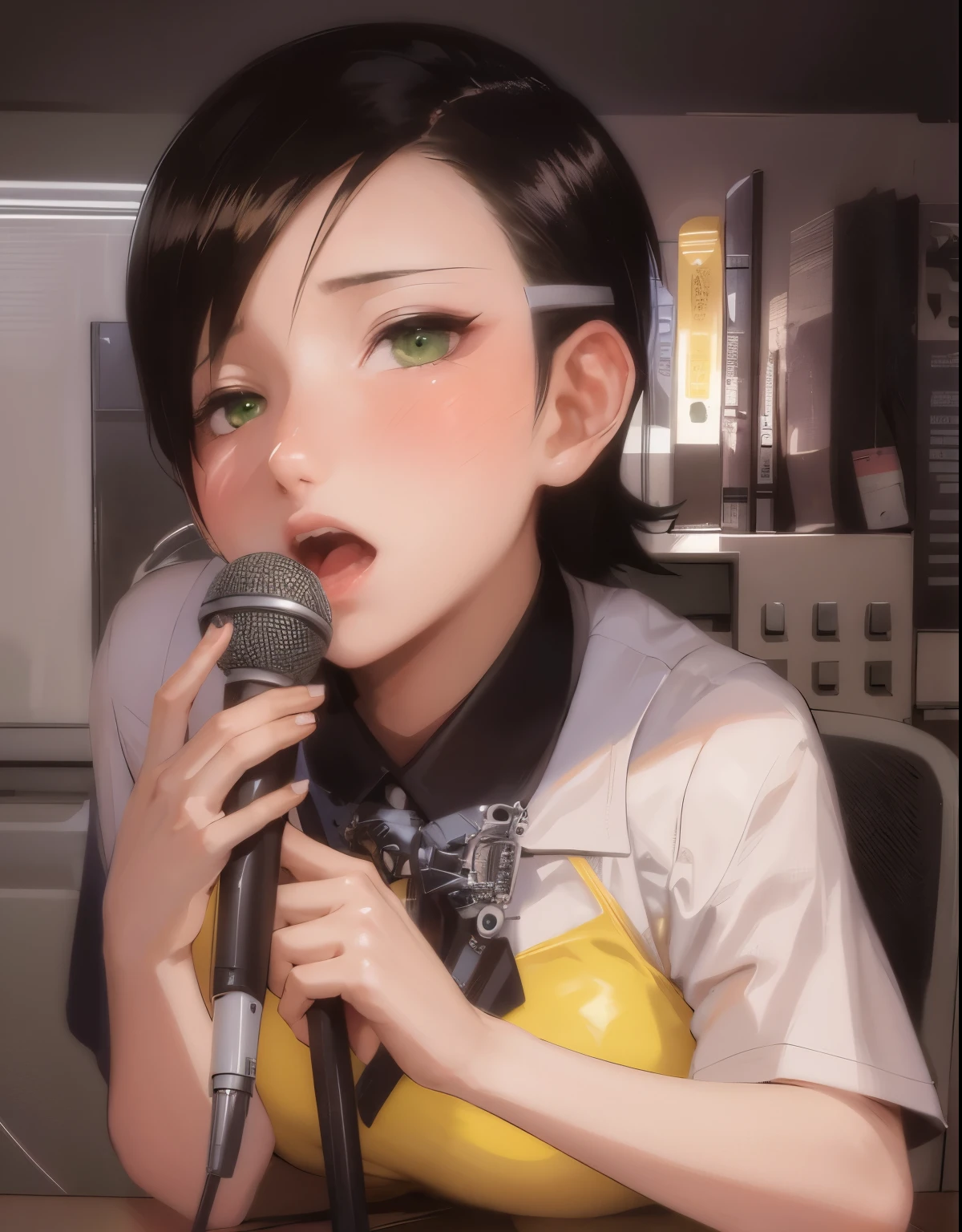 Masterpiece, award wining, high quality, beautiful poses, 1girl, short black hair, green eyes, yellow vest, white shirt, red tie, big breasts, sitting, reddened embarrassed face, perfect legs, perfect hand, five fingers, holding a microphone