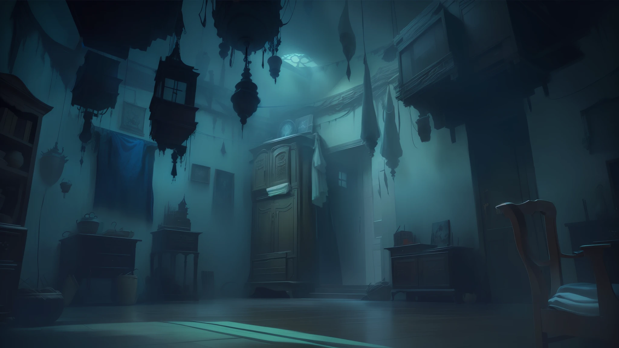 There are many hanging objects in the rooms of this house, background art, interior background art, 魔法奇幻二维concept art, 怪诞的怀旧concept art, 神奇的concept art, studio ghibli bedroom, ominous room, 程式化的concept art, concept art, concept art令人惊叹的氛围, 吉卜力工作室流畅的concept art, 2D concept art