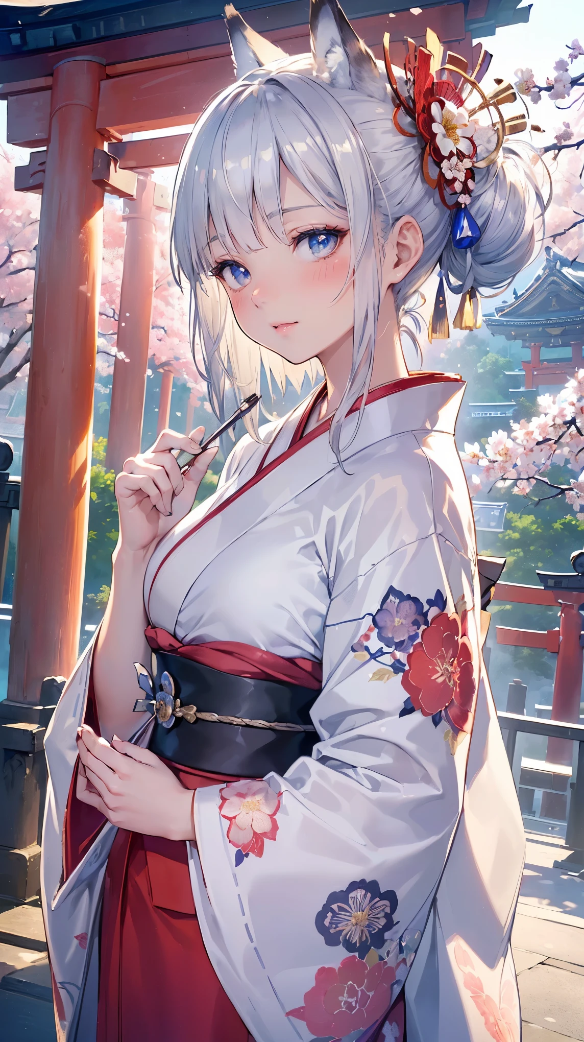 (((Masterpiece))), (((Highest quality))), ((Ultra-detailed)), ((Super fine illustration)), ((Ultra-fine painting)), (16K highest quality wallpaper:1.4), (Upper body:1.6), HDR, (Highly detailed and delicate illustration style:1.8), Detailed skin texture, Detailed cloth texture, Extreme detailed description, (T-masterpiece), (Highly detailed face:1.2), (Highly detailed silver fox ears:1.2), (Highly detailed shiny silver half updo:1.2), (Highly detailed clear eyes:1.2), Original, RAW photo, Professional, Intricate details, Super details, Direct light:1.6, (Perfect anatomy:1.4), (Highly detailed hands:1.2), (Highly detailed fingers:1.2), (Highly detailed fingertips:1.2), (16-years-old), Real, (Solo:1.8), ((A beautiful and cute silver fox girl who is an idol and wears a bright red long-sleeved kimono with a floral pattern:1.4)) BRAKE (Beautiful and adorable silver fox ears:1.6), (Highly detailed and delicate silver fox ears:1.4), (Beautiful and well-shaped big breasts:1.2), (Beautiful and well-shaped buttocks), (Beautiful and shiny silver half updo:1.6), (Highly detailed and delicate silver half updo:1.2), (Beautiful clear blue eyes that shine with great detail:1.6), (Highly detailed and delicate blue eyes:1.2), (Highly detailed face:1.4), (Smile:1.5), (Blush:1.4), (Looking at viewer:1.4), (Celebration:1.4) BRAKE (Bright red long-sleeved kimono with floral pattern:1.4), (Japanese traditional costume:1.2) BRAKE (Concept art:1.2), (Detailed fantasy art:1.2) BRAKE (Highly detailed and delicate Ise Grand Shrine in Mie Prefecture in the background just after noon in spring:1.6), (Standing in front of the torii gate:1.4), (Celebration:1.4), Ise Grand Shrine:1.4, Torii gate of Ise Shrine:1.4, cherry blossoms:1.2, Very beautiful in the sunny sky background just after noon:1.4 BRAKE 