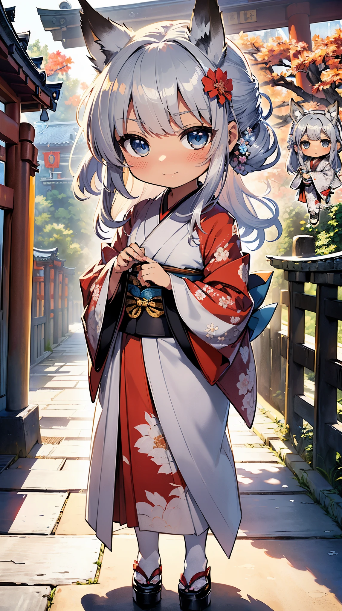 (((Masterpiece))), (((Highest quality))), ((Ultra-detailed)), ((Super fine illustration)), ((Ultra-fine painting)), (16K highest quality wallpaper:1.4), (Chibi:2.0), (Full body:1.6), HDR, (Highly detailed and delicate illustration style:1.8), Detailed skin texture, Detailed cloth texture, Extreme detailed description, (T-masterpiece), (Highly detailed face:1.2), (Highly detailed silver fox ears:1.2), (Highly detailed shiny silver half updo:1.2), (Highly detailed clear eyes:1.2), Original, RAW photo, Professional, Intricate details, Super details, Direct light:1.6, (Perfect anatomy:1.4), (Highly detailed hands:1.2), (Highly detailed fingers:1.2), (Highly detailed fingertips:1.2), (16-years-old), Real, (Solo:1.8), ((A very beautiful and cute silver fox girl who is an idol and wears a bright red long-sleeved kimono with a floral pattern:1.4)) BRAKE (Beautiful and adorable silver fox ears:1.8), (Highly detailed and delicate silver fox ears:1.4), (Beautiful and shiny silver half updo:1.6), (Highly detailed and delicate silver half updo:1.2), (Beautiful clear blue eyes that shine with great detail:1.6), (Highly detailed and delicate blue eyes:1.2), (Highly detailed face:1.4), (Smile:1.3), (Blush:1.4), (Looking at viewer:1.4), (Celebration:1.4) BRAKE (Bright red long-sleeved kimono with floral pattern:1.4), (Japanese traditional costume:1.2) BRAKE (Concept art:1.2), (Detailed fantasy art:1.2) BRAKE (Just after noon:1.4), (Very detailed and beautiful Ise Grand Shrine in Mie Prefecture just after noon in the background:1.6), (Standing in front of the torii gate:1.4), (Celebration:1.4), Ise Grand Shrine:1.4, Torii gate of Ise Shrine:1.4, Very beautiful in the sunny sky background just after noon:1.4 BRAKE 
