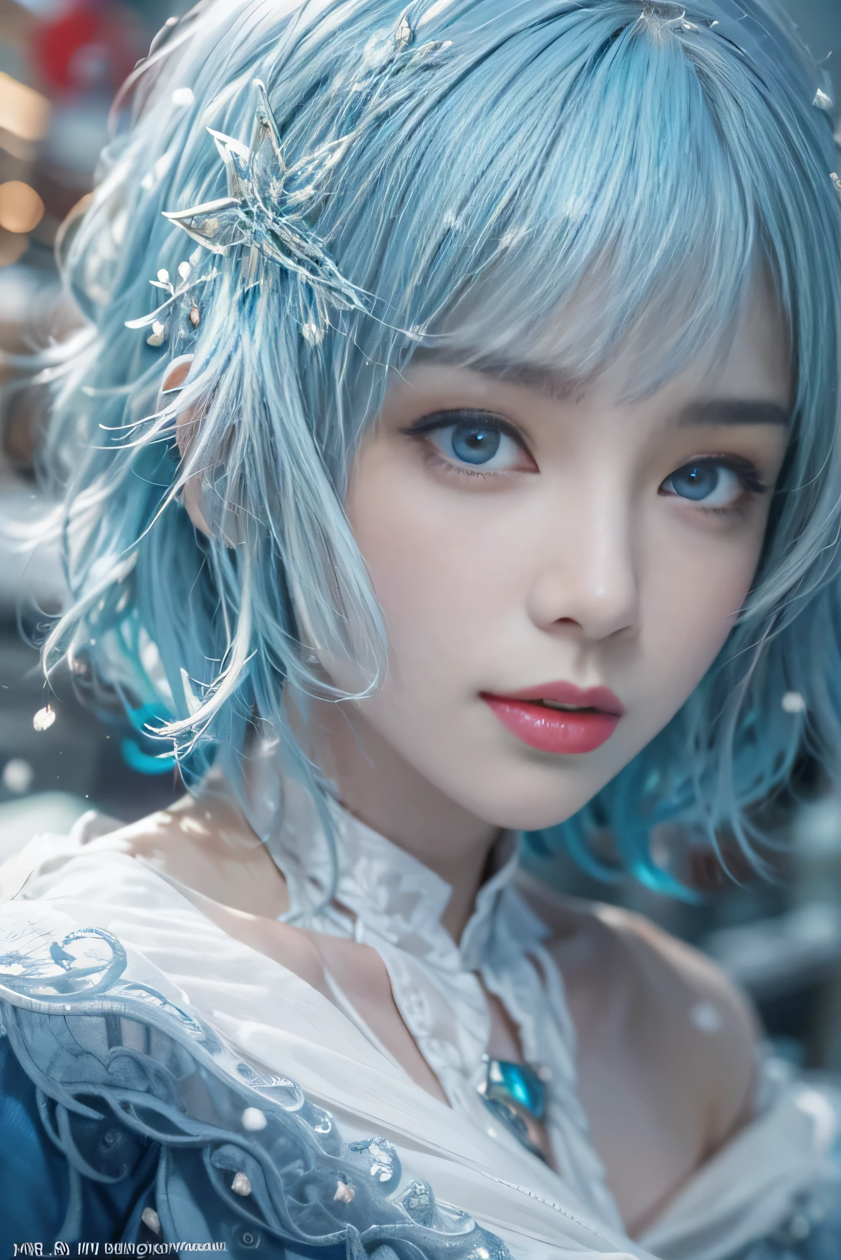 (photorealistic:1.8, highest quality:1.8,8K masterpiece:1.8,High resolution,muste piece:1.8),snow mountainに立つ1人の23歳の女性,fantasy,(tight mini dress、Transparent Shawl、delicate hair ornament、Elegant earrings、choker), blue eyes,綺麗で詳細なblue eyes:1.7,double eyelid:1.6,beautiful skin:1.8, (looking at the camera:1.2),(View from the front:1.3),(Short Hair:1.2,Fluffy Bob Cut,Beautiful shining blue lime hair:1.5), expression(Sly Smile:1.3,face turns red:1.3),(Moderate chest:1.3),Pause(Seductive pose:1.5),background(snow scene:1.5,snow mountain:1.3,psychedelic fairy forest),(slender, abs:1.2),(detailed perfect face),normal hands:1.5,normal finger:1:5,normal feet:1.5,(cameltoe)