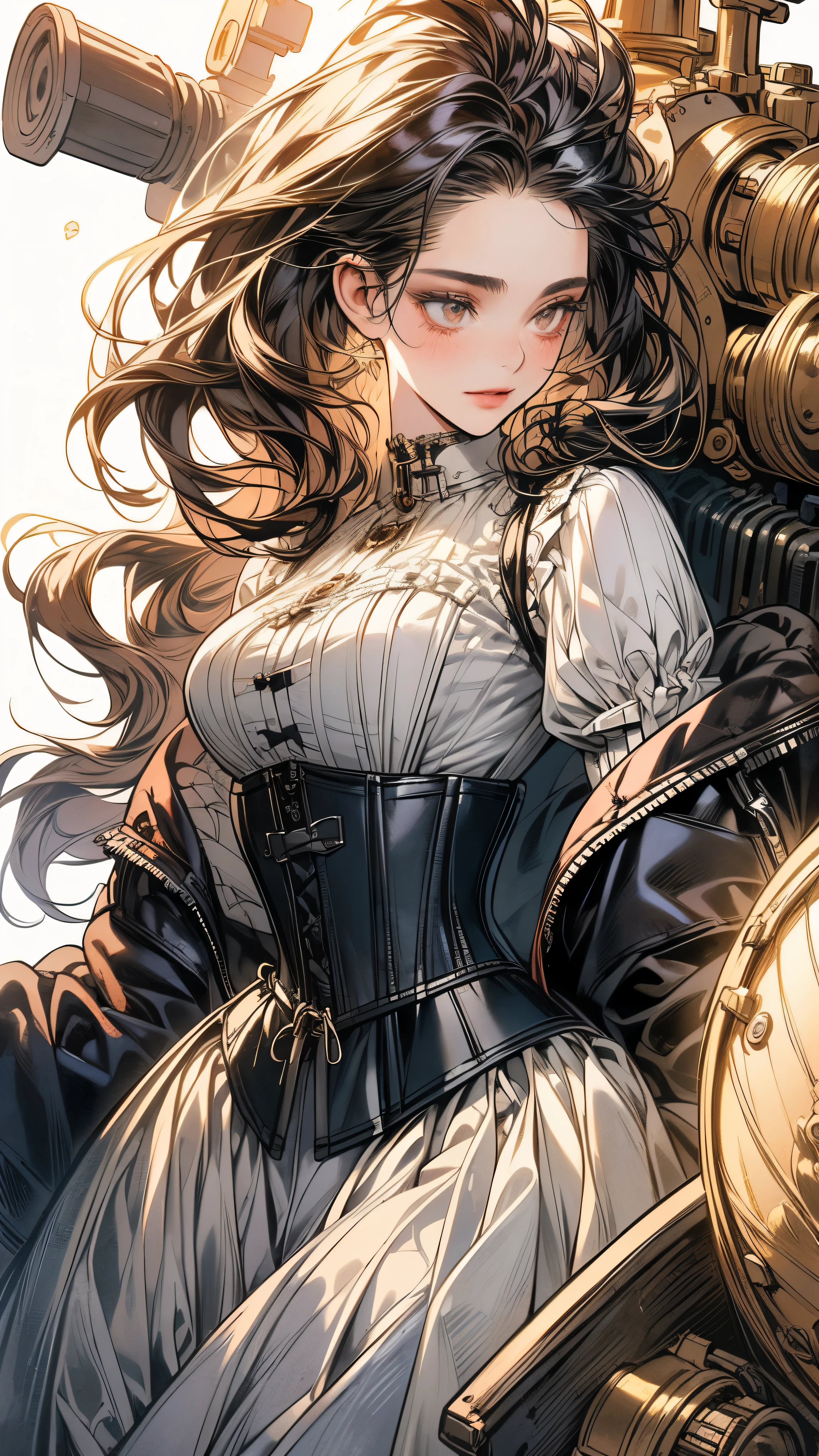 (((masterpiece)))、((highest quality))、(Super detailed)、(CG illustration)、(so beautiful ))、cinematic light、(((1 Mechanical Girl)))、 SF、Apocalypse、erotic grotesque、(beautiful and luxurious:1.2)、(1 girl:1.3)、facing the front, (double breasted,under bust:1.2), gap between buttons,(((corset belt))),(((high waist mini skirt,)))