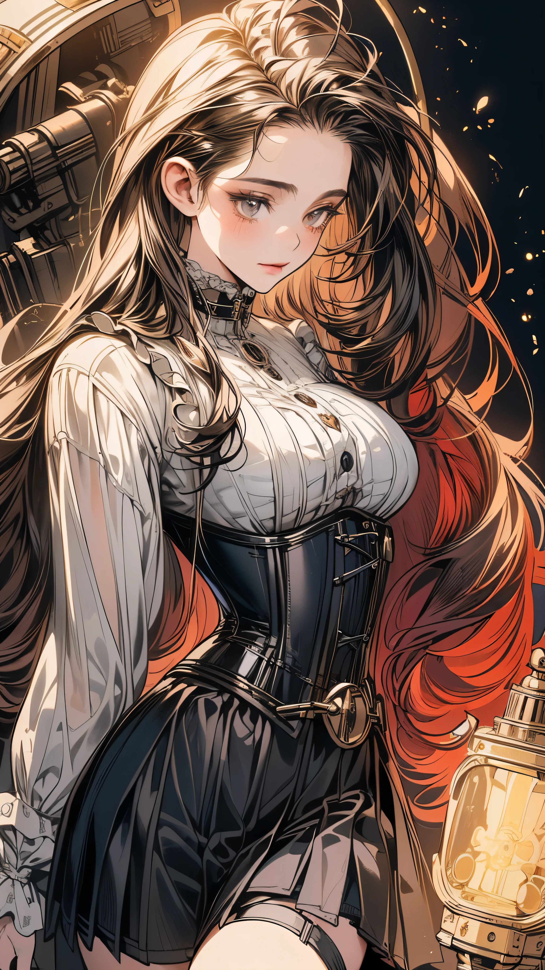 (((masterpiece)))、((highest quality))、(Super detailed)、(CG illustration)、(so beautiful ))、cinematic light、(((1 Mechanical Girl)))、 SF、Apocalypse、erotic grotesque、(beautiful and luxurious:1.2)、(1 girl:1.3)、facing the front, (double breasted,under bust:1.2), gap between buttons,(((corset belt))),(((high waist mini skirt,)))