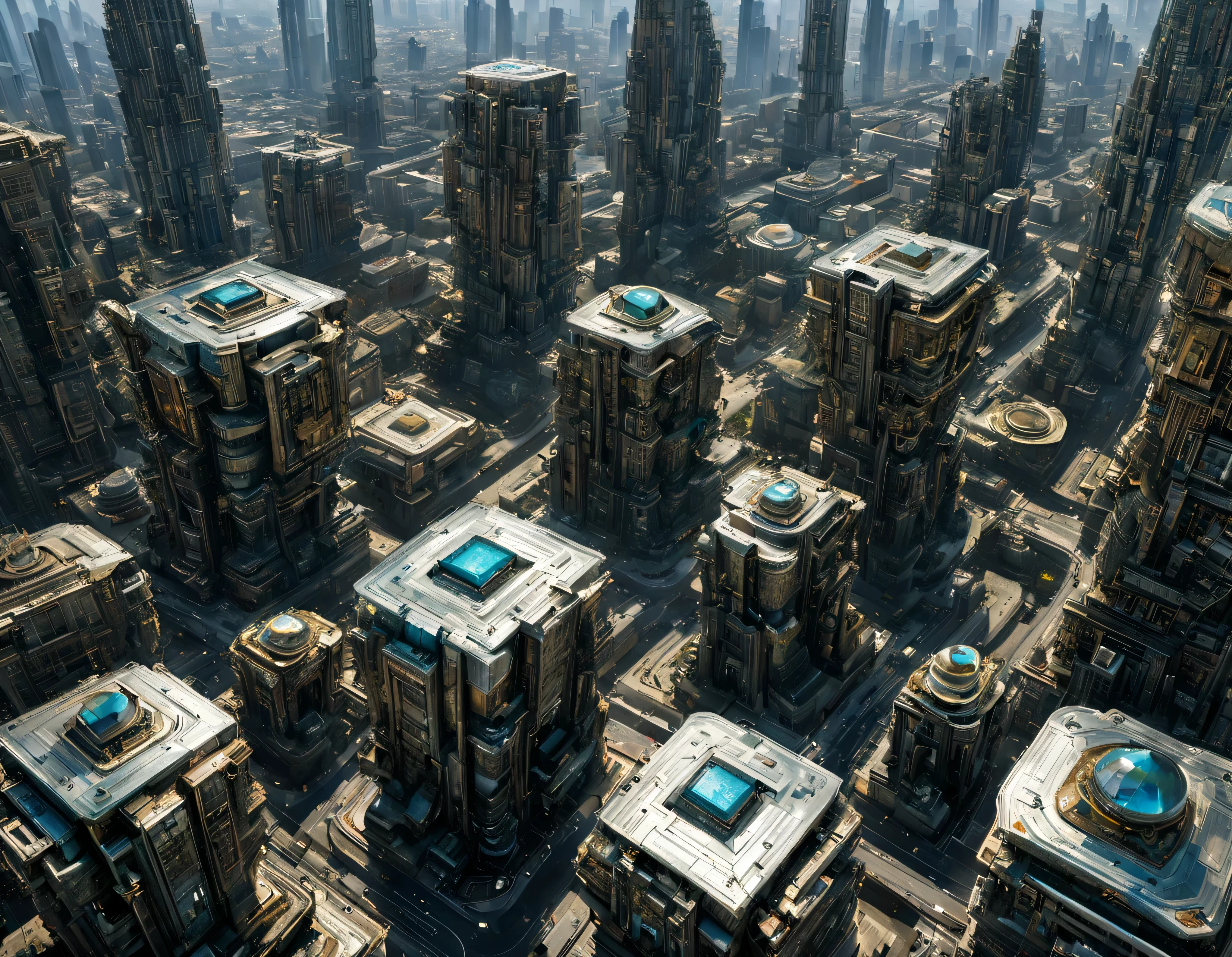 avenue of a highly technological megalopolis megacity in its design and structure corresponding to the 30th century, vista desde una terraza baja, con inmensos edificios piramidales y octogonales de metal y cristal donde predominan el oro, la plata y el bronce y cristales de diamantes de diversos colores. dull pavement, poca gente paseando, similar a Coruscant, imagen bien definida 8k, (intrincados detalles de la maquina), con muchos edificios juntos.(obra maestra de superior calidad).(imagen fotorrealista), nitidez absoluta con fondo detallado.