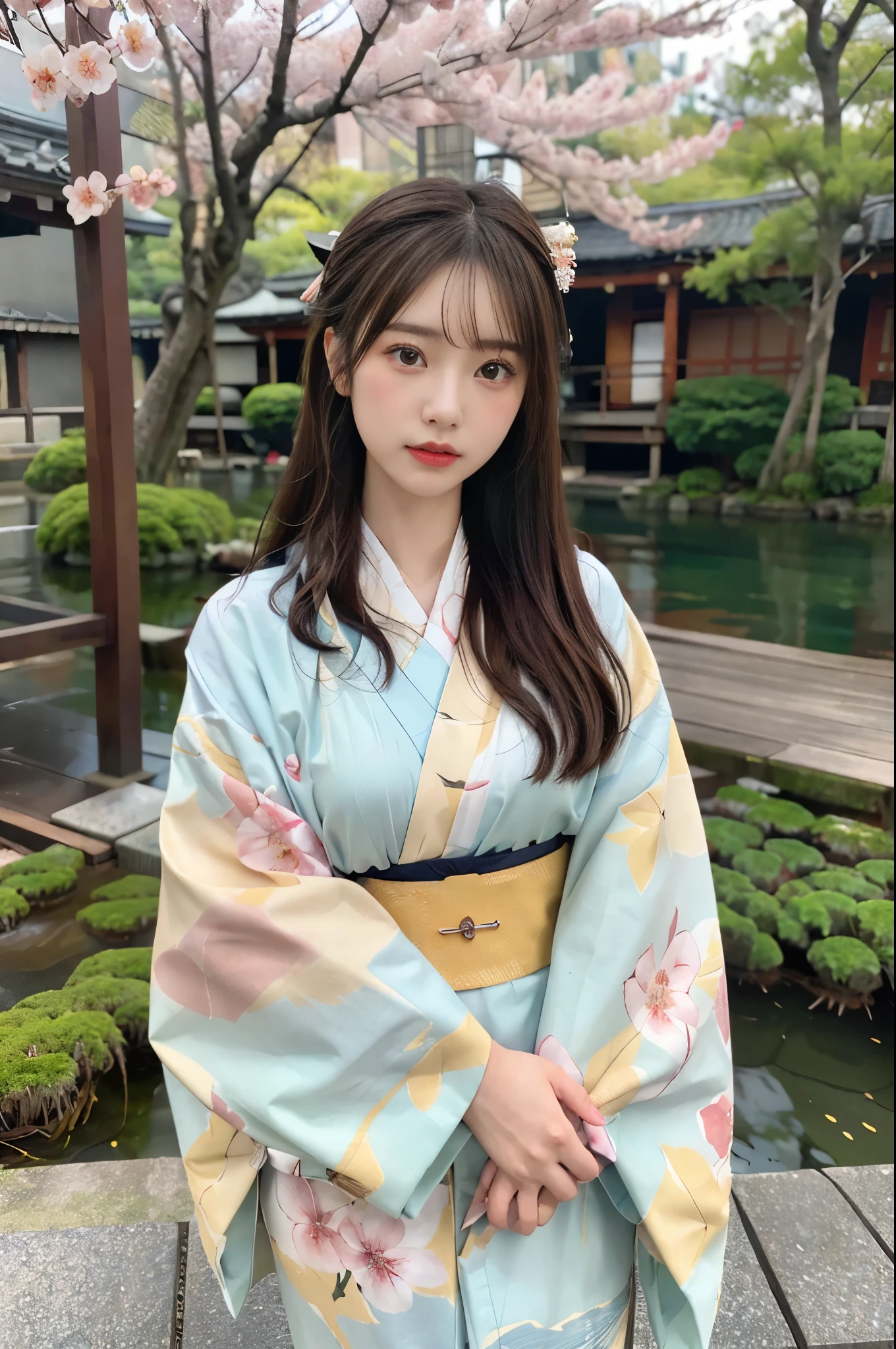((masterpiece,best quality 1.4)), (8k,RAW photo:1.2), (realistic,photo realistic:1.4), ultra high resolution , (Highly detailed 8k wallpaper) ,japanese idol, Japanese actress, Japanese, very cute, Big eyes, highly detailed eyes and face, Beautiful eyes in every detail,shiny skin,portrait,(medium hair and straight hair :1.3), professional lighting, sharp focus, Depth of written boundary , (dynamite angel:1.4 ). blur background, Bokeh, (Kimono with gorgeous patterns) :A peaceful Japanese garden in spring, featuring a stone path winding through moss-covered ground, with cherry blossoms overhead and a traditional tea house in the distance.