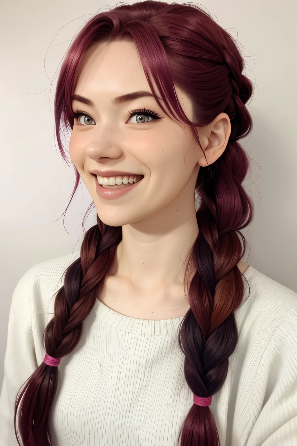 photo of Nichameleon, focus on eyes, close up on face, laughing, light plum hair styled side braid hair,