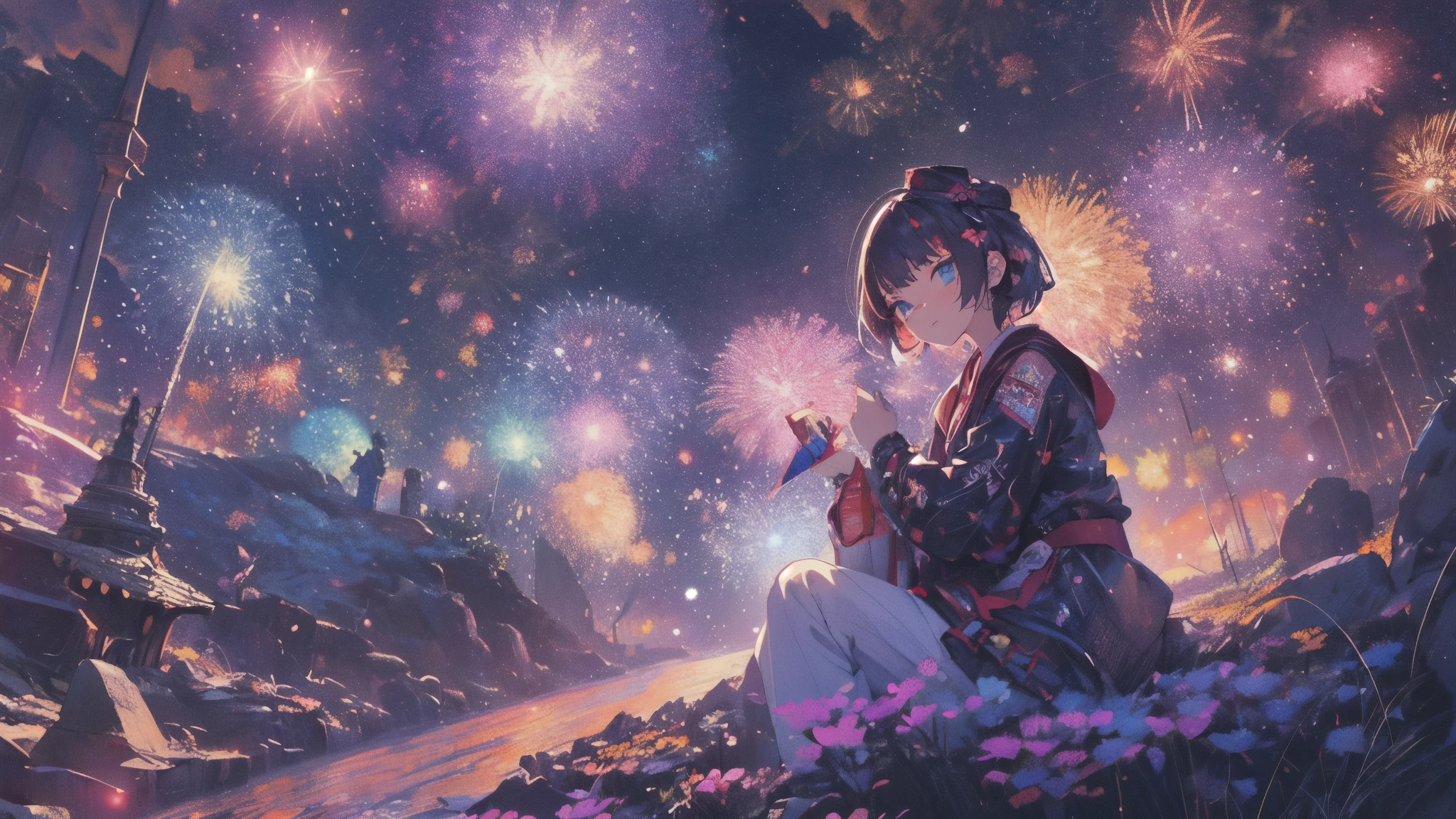 ((Fireworks Master)),Mainly composed of fireworks,Fireworks display beyond imagination,innocent smile、never seen、seven colors,(1 girl, alone:1.6),(cute smile),(The clothing is simple), (best impact:1.5), (maximalism:1.7), vivid contrast, (realistic), 超realisticイラスト, High resolution, super detailed, absurd,(fractal art:1.3)、random hairstyle、Random hair color colorful、full body shot、retro、accurate focus、random pose、cinema 4d、Drama、sitting and looking up at the fireworks、fireworks go off in the distance