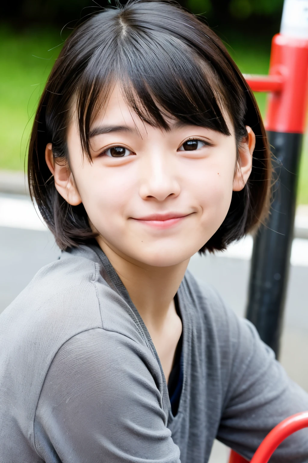 Japan with round faces the nose is not very high smile He has short black hair and rides a bicycle.
