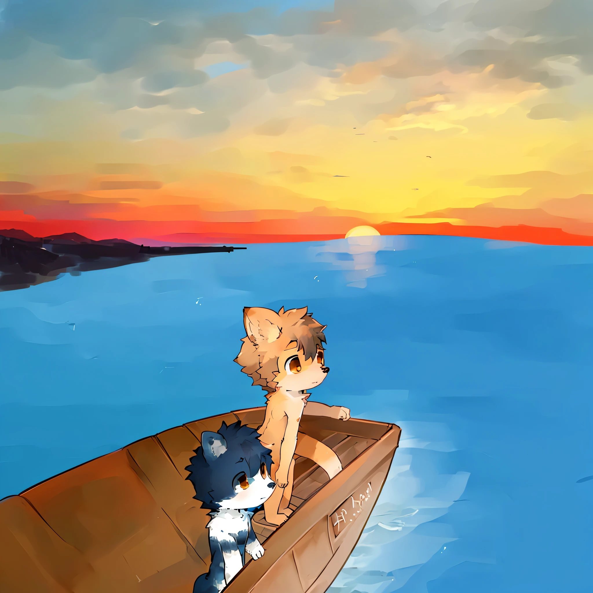 cute,furry,boy,fur,fluffy,sea,boat,sunset,brown eyes,4k,remake