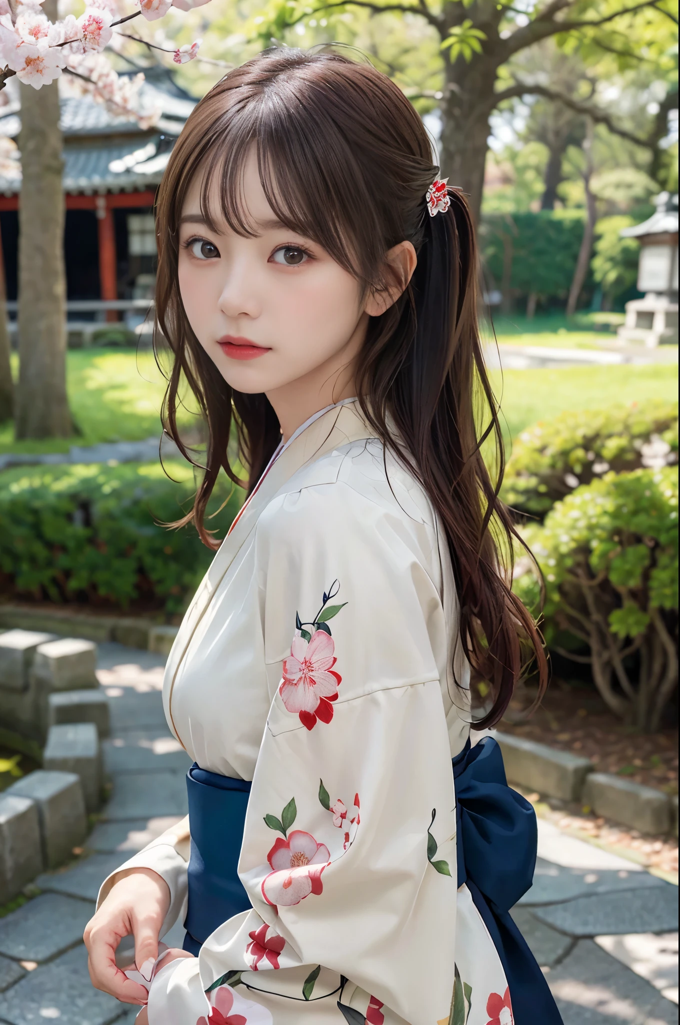 ((masterpiece,best quality 1.4)), (8k,RAW photo:1.2), (realistic,photo realistic:1.4), ultra high resolution , (Highly detailed 8k wallpaper) ,japanese idol, Japanese actress, Japanese, very cute, Big eyes, highly detailed eyes and face, Beautiful eyes in every detail,shiny skin,portrait,(medium hair and straight hair :1.3), professional lighting, sharp focus, Depth of written boundary , (dynamite angel:1.35 ). blur background, Bokeh, (Kimono with gorgeous patterns) :A peaceful Japanese garden in spring, featuring a stone path winding through moss-covered ground, with cherry blossoms overhead and a traditional tea house in the distance.