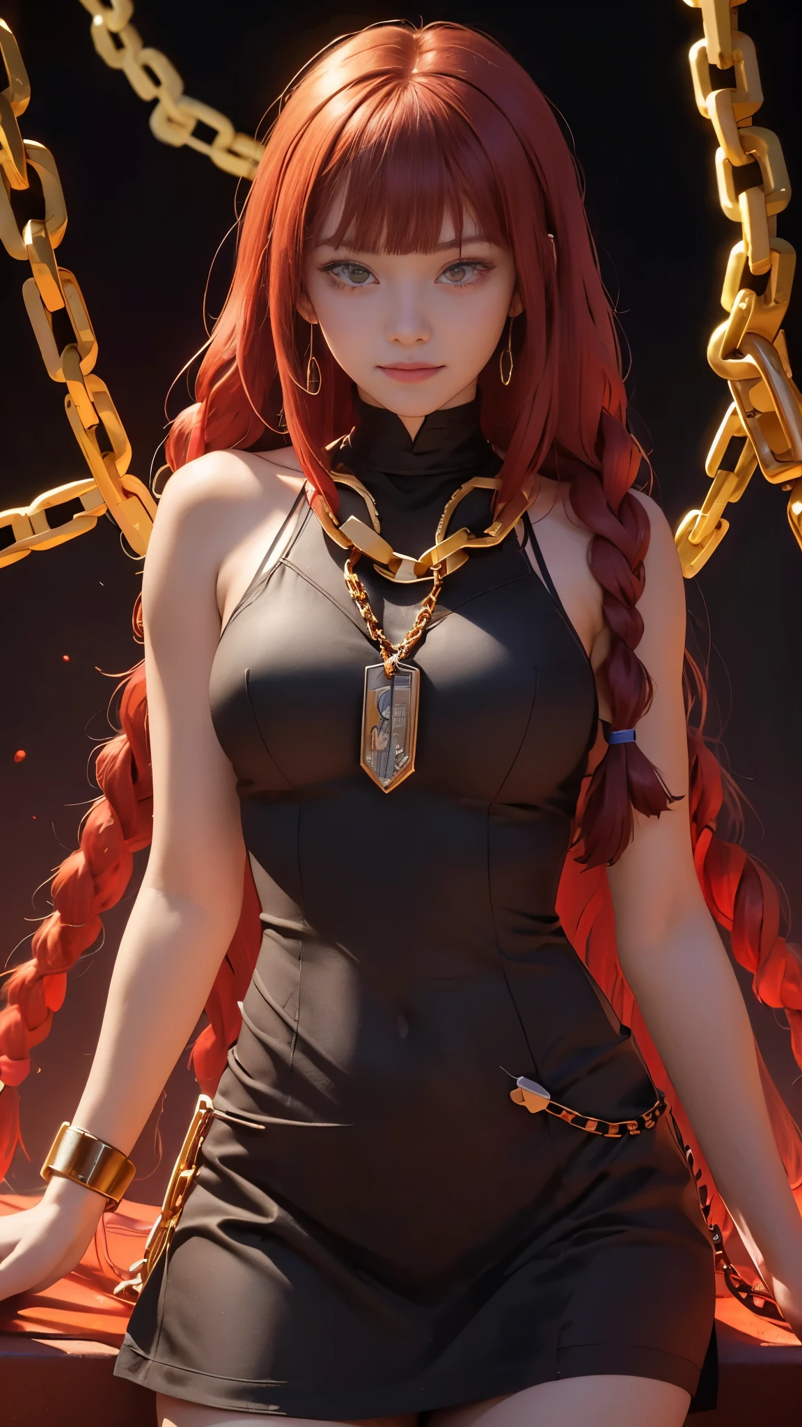 makima with the face of Margot Robbie (chainsaw man), best quality, ultra detailed, 1girl, solo, standing, red hair, long braided hair, golden eyes, bangs, medium breasts, white shirt, tie, look, smile, (bad: 1.2), looking at the viewer, (interview: 1.3), (dark background, chains: 1.3), from above, sharp contrast, beautiful detailed eyes, focus, close up shot