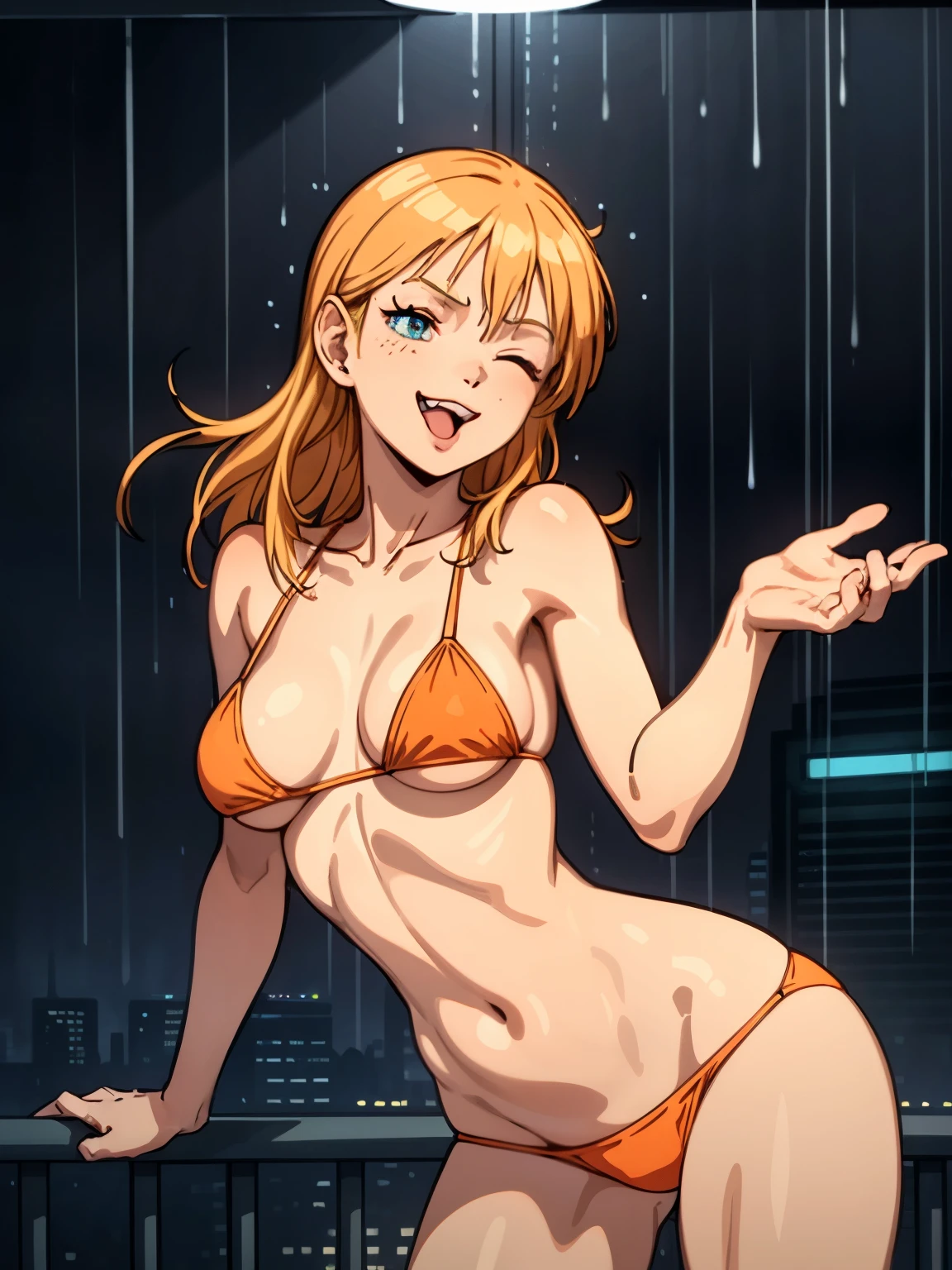 best quality, masterpiece, elpeople, (:p, one eye closed:1.3), ultra detailed face, contrapposto, wet skin, fluorescent light orange color bikini, (medium breast:1.2), underboob, balcony of skyscraper, neon light, city light, (heavy rain in midnight:1.2)