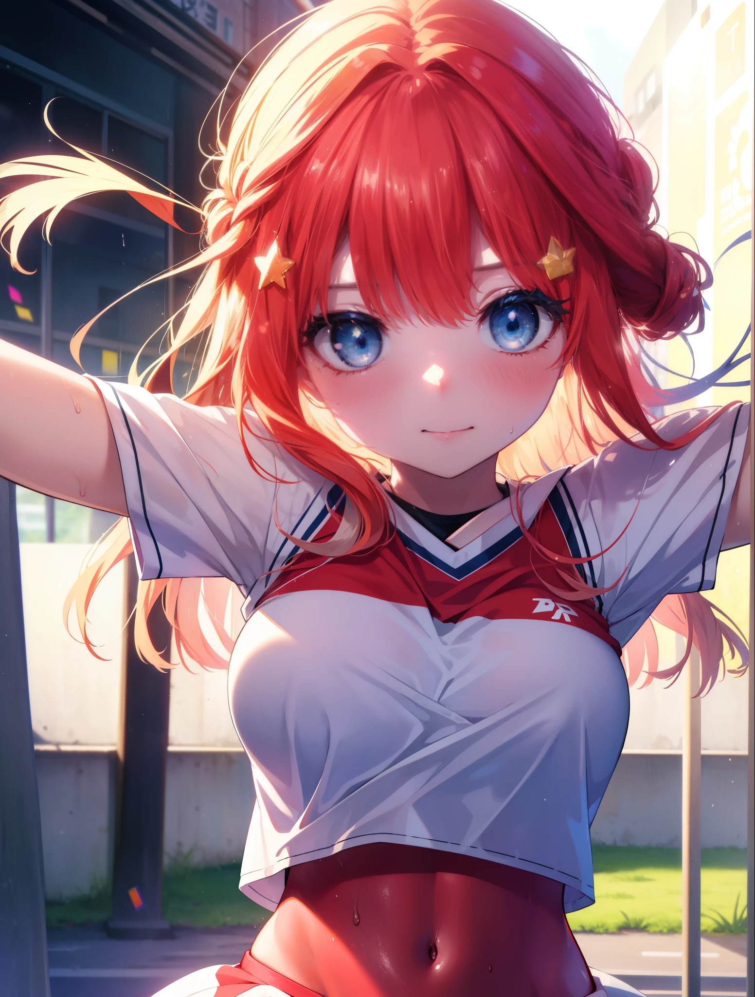 Satsuki Nakano, Itsuki Nakano, pom pomを両手で持っている,blush,open your mouth,smile,bangs, blue eyes, hair between eyes, Ahoge, redhead, star \(symbol\), hair ornaments, star hair ornaments,Braid,(Very delicate eyes), (Cheerleader), (whole body), big breasts, lower, (sweaty), sweaty Wet Clothes, (red clothes), , navel support, playground, (jump), (jump), 足を曲げてjumpする, air, blue sky, Grass原, smileのCheerleader, pom pom \(Cheerleader\), Grass, 
break looking at viewer, Upper body, whole body,　　　　　　　　　　　break outdoors, big arena(Visitors have),playground,
break (masterpiece:1.2), highest quality, High resolution, unity 8k wallpaper, (shape:0.8), (beautiful and detailed eyes:1.6), highly detailed face, perfect lighting, Very detailed CG, (perfect hands, perfect anatomy),