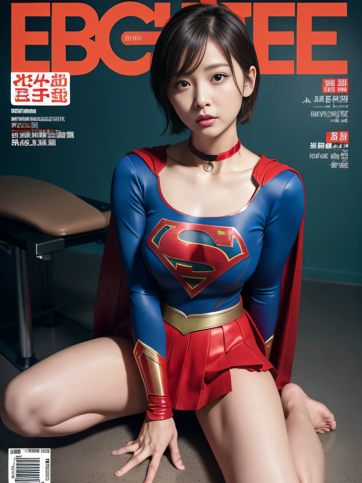 masterpiece、supergirl costume, short hair, barefoot, big and full breasts、operating room、operating table、Crisis situation、straddle、damaged、shiny、look at the camera、provocation、Estrus、choker、Weekly magazine cover、long sleeve、red mini skirt、obscene pose、Seduce