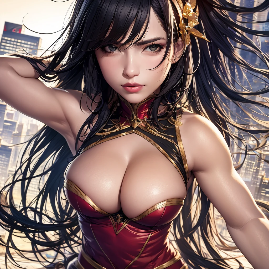 (best quality,highres,masterpiece:1.2),ultra-detailed,realistic,(HDR,UHD,studio lighting),vivid colors,sharp focus,portraits,beautiful detailed eyes,beautiful detailed lips,extremely detailed face,long eyelashes,confident posture,strong physique,superhero costume,flying in the sky,cityscape in the background,warm sunset colors,soft and warm lighting,empowering presence,strong and determined expression,graceful and elegant movements,positive energy,happy and glowing vibe