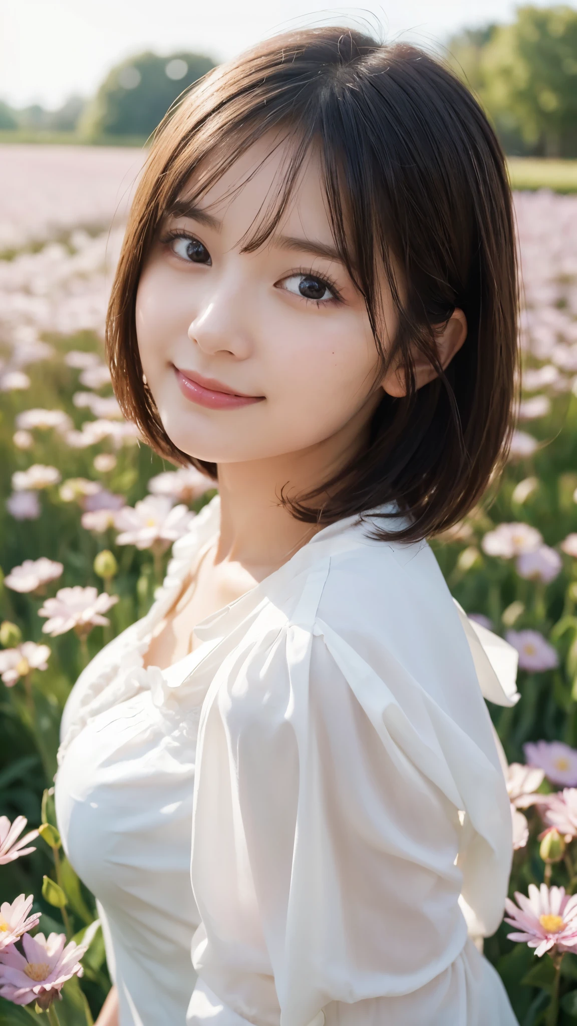 (highest quality,masterpiece:1.3,ultra high resolution),(Super detailed,caustics,8k),(photorealistic:1.4,RAW shooting),(girl lying in a flower field),(strong wind),(hair blowing in the wind),(Soaring petals),18-year-old,cute,Japanese,black short hair,look up at the camera with a smile,white blouse,(big ),bust up shot,(high position),(high angle),face focus,(face close up),bright light,Natural light,professional writing