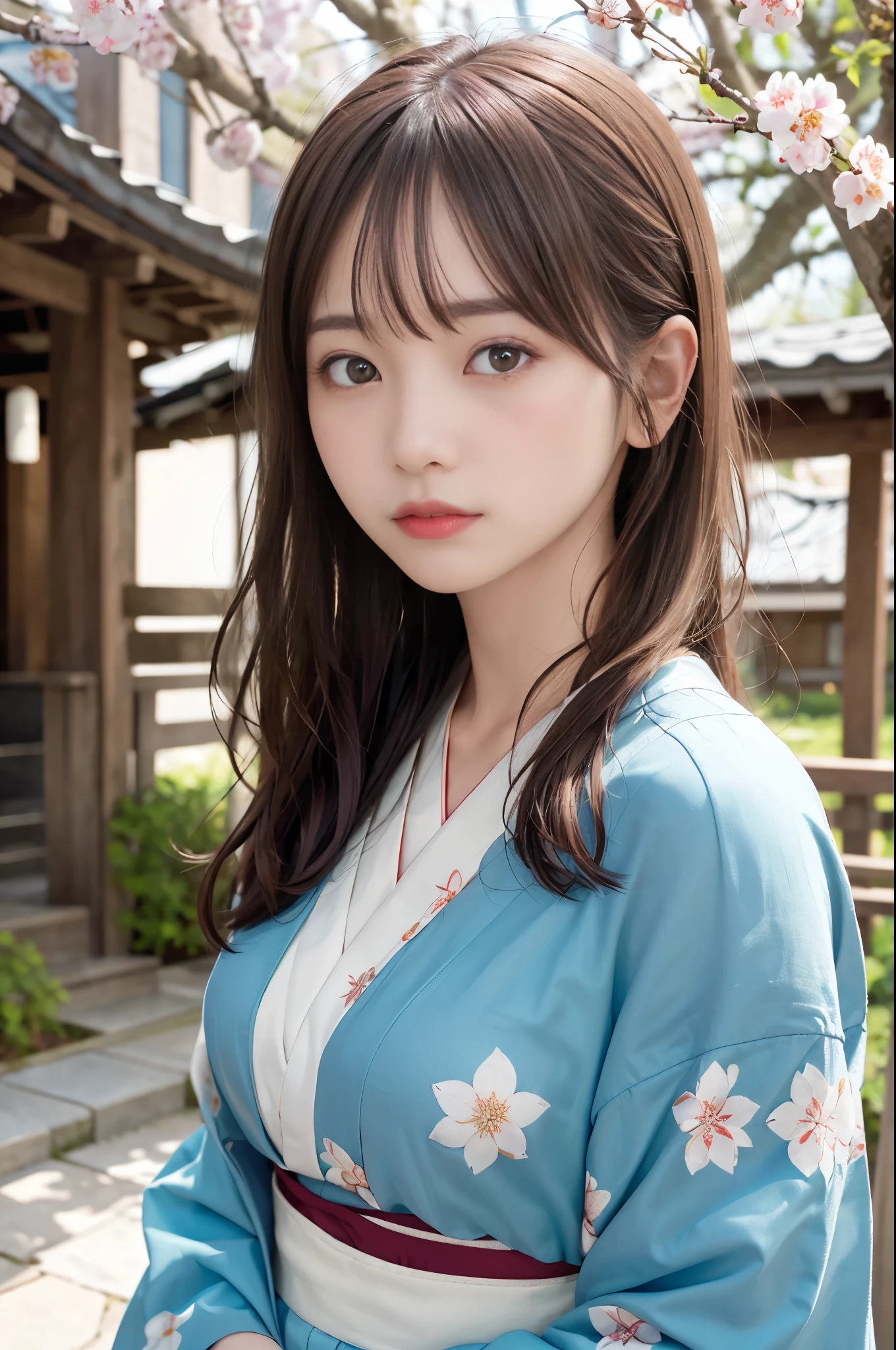 ((masterpiece,best quality 1.4)), (8k,RAW photo:1.2), (realistic,photo realistic:1.4), ultra high resolution , (Highly detailed 8k wallpaper) ,japanese idol, Japanese actress, Japanese, very cute, Big eyes, highly detailed eyes and face, Beautiful eyes in every detail,shiny skin,portrait,(medium hair and straight hair :1.3), professional lighting, sharp focus, Depth of written boundary , (dynamite angel:1.35 ). blur background, Bokeh, (Kimono with gorgeous patterns) ：A peaceful Japanese garden in spring, featuring a stone path winding through moss-covered ground, with cherry blossoms overhead and a traditional tea house in the distance.