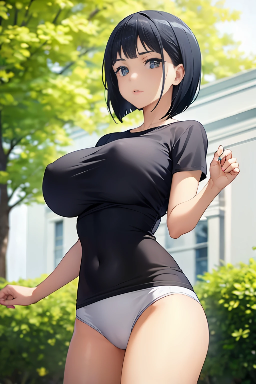Optimal,masterpiece,High resolution,highest quality,hyper hd,Super detailed,award-winning,16k,alone,(cowboy shot)、cute face,,black hair、bob cut、 hair line,((scarlet eyes)),long eyelashes,drooping corners of the eyes,Are standing、open your legs、thin legs、white skin,((shot from below)), ((wearing a tight t-shirt:1.5)), ((transparent nipples))、rocket , ((big breasts:1.2)),