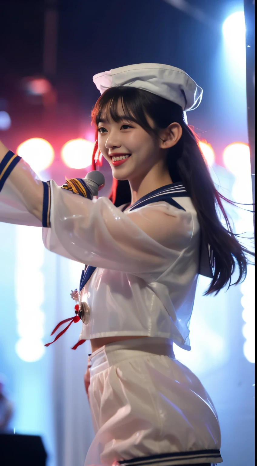 ((masterpiece, highest quality)),shape,Ultra detailed 8K,realistic,sharp focus,very detailed,professional lighting,colorful details,Euphoric look、((smile))、((sweating))、((Translucent sailor suit:1.3))、Pink and red、ribbon、sailor hat、super cute woman、Part of an idol group、(((dancing at a concert)))、Hair is moving、spotlight of、18-year-old,shine,intricate details,Shitsumeka,1 A girl is in front of the audience.,fart