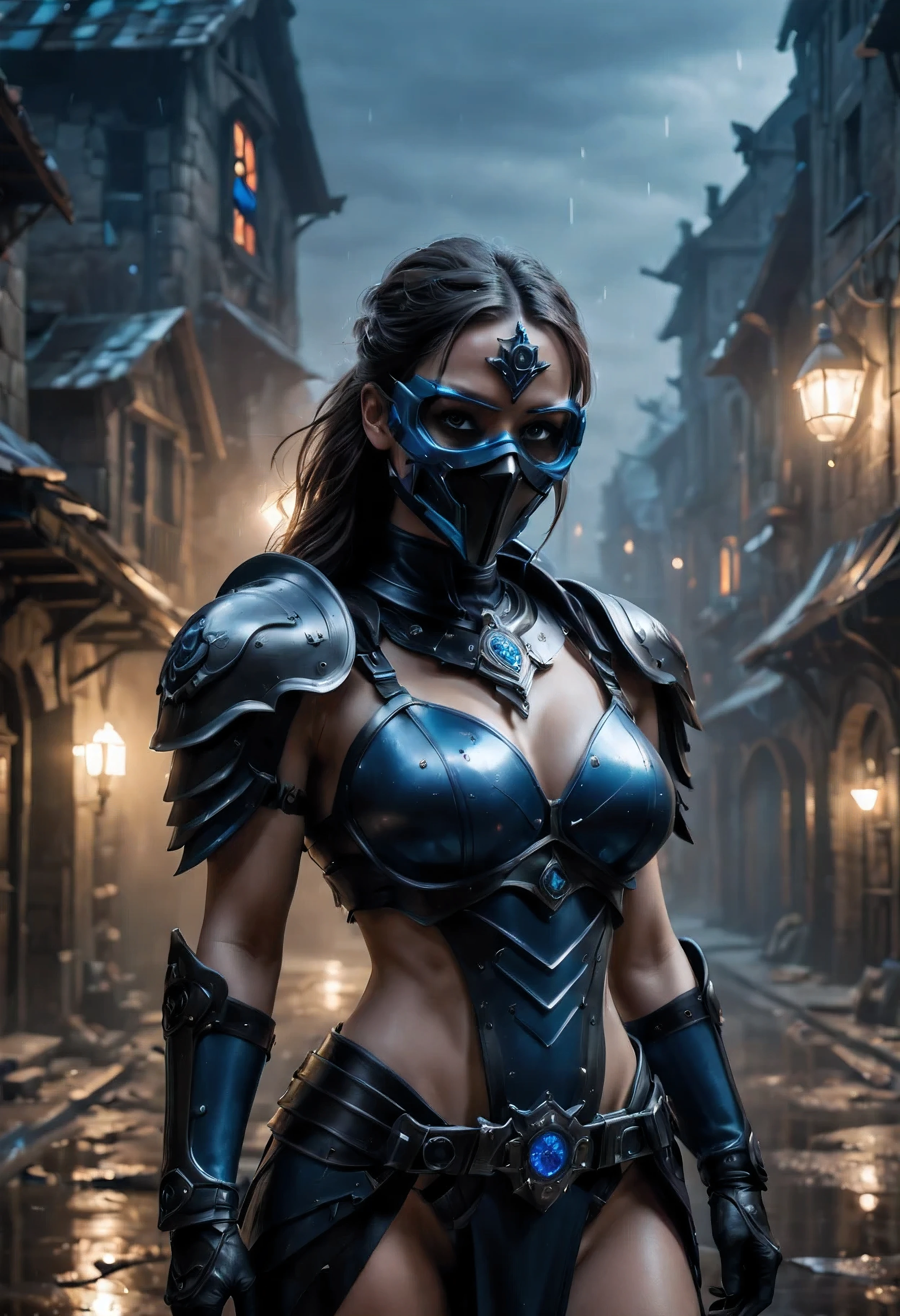 (best quality,4k,8k,highres,masterpiece:1.2),ultra-detailed,(realistic,photorealistic,photo-realistic:1.37),female future tech soldier dressed with black face mask,medieval village background,futuristic armor, glowing blue visor, futuristic weapon,advanced exoskeleton,sci-fi,nighttime,foggy atmosphere,dark clouds,heavy rain,moody lighting,medieval ruins,gritty textures,mysterious aura,sharp shadows,steampunk elements,post-apocalyptic,grim and dystopian feel,desolate streets,abandoned buildings,steam rising from vents,high-tech gadgets,advanced holographic displays,enhanced vision capabilities,excellent aim and agility,intense focus,covert operation,technology merging with ancient world,contrast between old and new,secrets of the past,uncertain future,monumental task ahead.