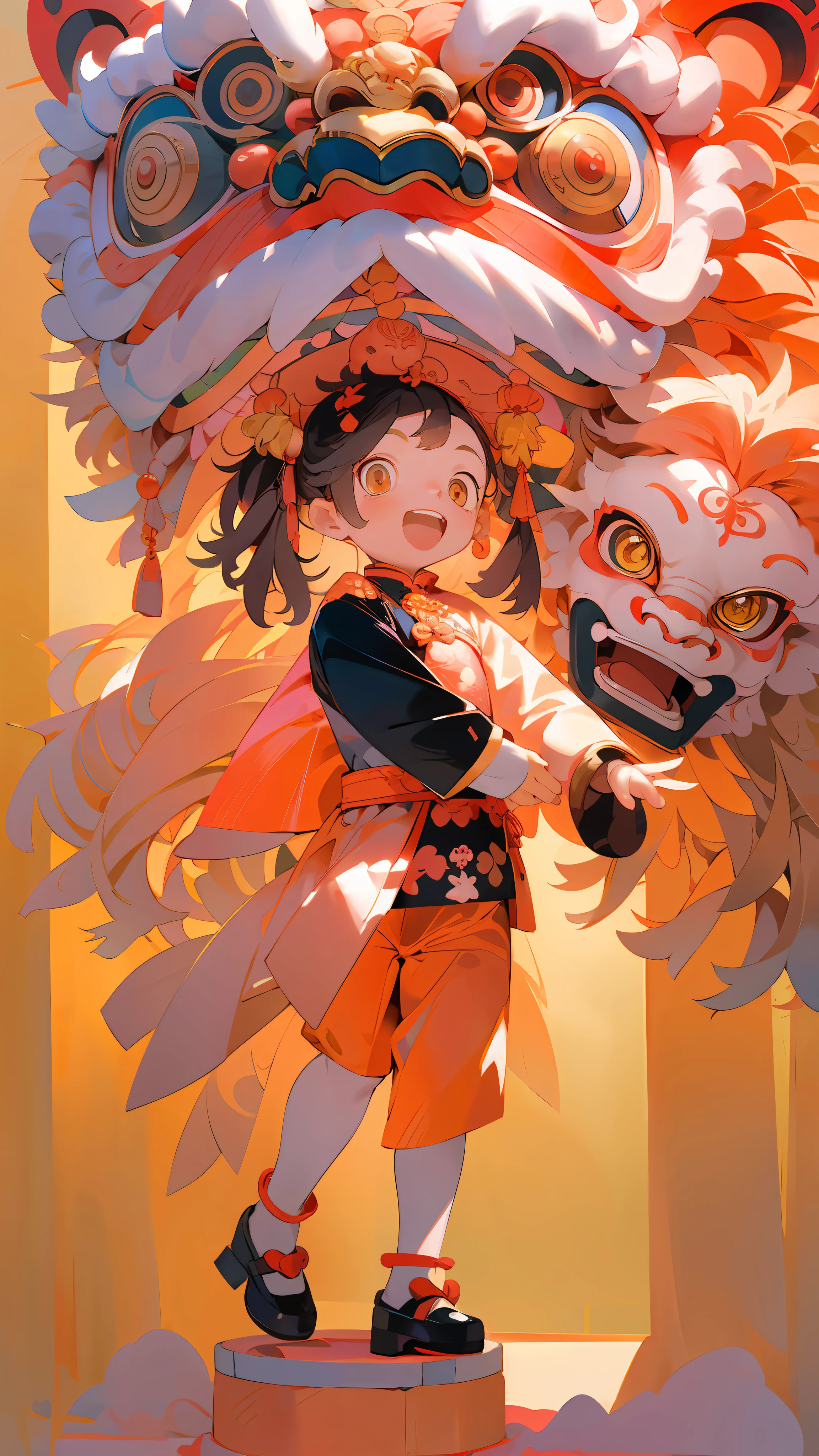 a boy::1 holding a huge lion head::2, toddler, Lovely, lol, Red lantern, Chinese Year, indoor, Chinese clothes, Chinese style, Red, lion dance