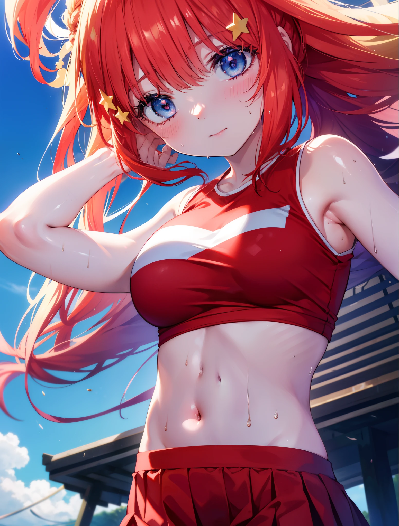 Satsuki Nakano, Itsuki Nakano, pom pomを両手で持っている,blush,open your mouth,smile,bangs, blue eyes, hair between eyes, Ahoge, redhead, star \(symbol\), hair ornaments, star hair ornaments,Braid,(Very delicate eyes), (Cheerleader), (whole body), big breasts, lower, (sweaty), sweaty Wet Clothes, (Red clothes), , navel support, playground, (jump), (jump), 足を曲げてjumpする, air, blue sky, Grass原, smileのCheerleader, pom pom \(Cheerleader\), Grass,
break looking at viewer, Upper body, whole body, break outdoors, big arena(The visitor is),playground,
break (masterpiece:1.2), highest quality, High resolution, unity 8k wallpaper, (shape:0.8), (beautiful and detailed eyes:1.6), highly detailed face, perfect lighting, Very detailed CG, (perfect hands, perfect anatomy),