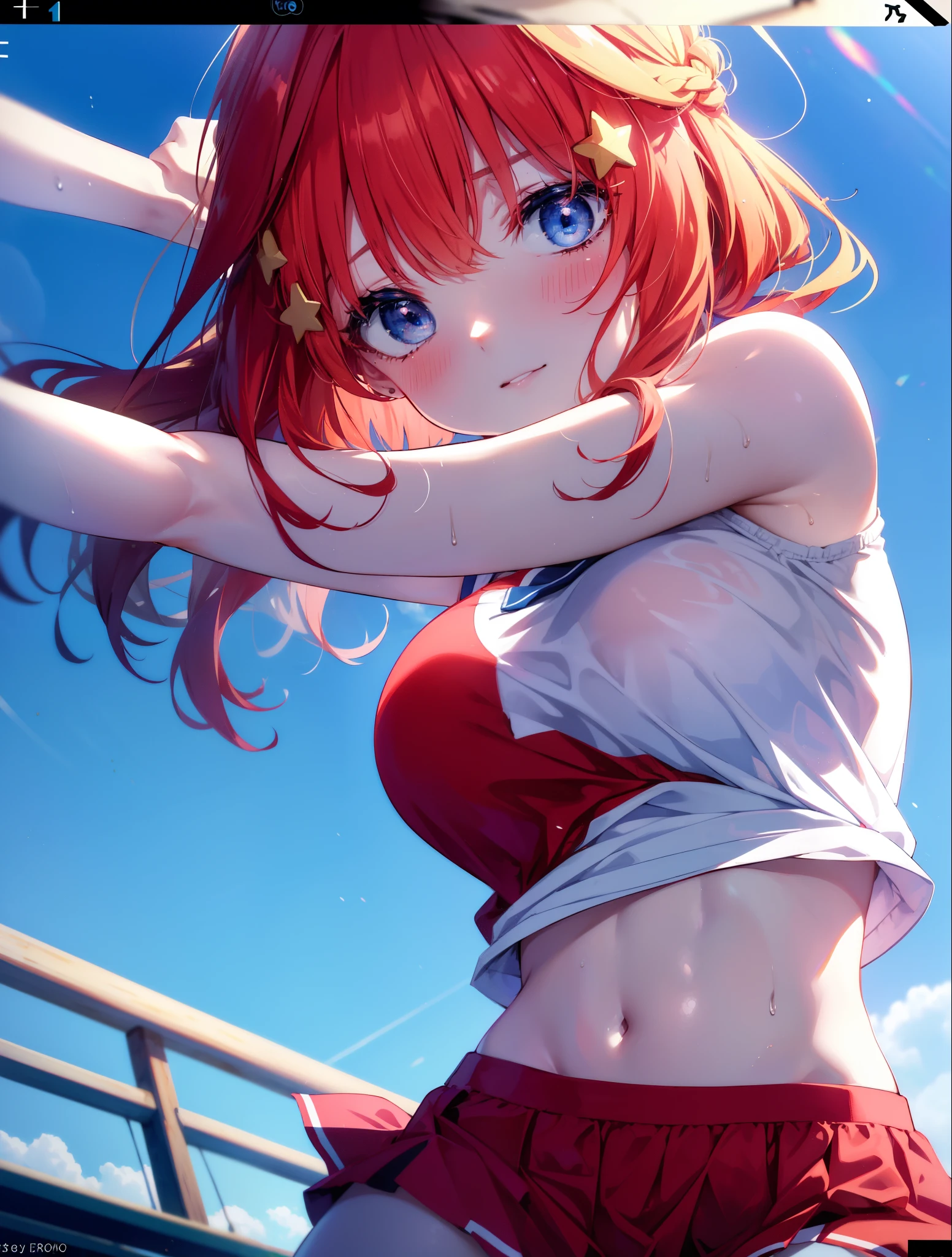 Satsuki Nakano, Itsuki Nakano, pom pomを両手で持っている,blush,open your mouth,smile,bangs, blue eyes, hair between eyes, Ahoge, redhead, star \(symbol\), hair ornaments, star hair ornaments,Braid,(Very delicate eyes), (Cheerleader), (whole body), big breasts, lower, (sweaty), sweaty Wet Clothes, (Red clothes), , navel support, playground, (jump), (jump), 足を曲げてjumpする, air, blue sky, Grass原, smileのCheerleader, pom pom \(Cheerleader\), Grass,
break looking at viewer, Upper body, whole body, break outdoors, big arena(The visitor is),playground,
break (masterpiece:1.2), highest quality, High resolution, unity 8k wallpaper, (shape:0.8), (beautiful and detailed eyes:1.6), highly detailed face, perfect lighting, Very detailed CG, (perfect hands, perfect anatomy),
