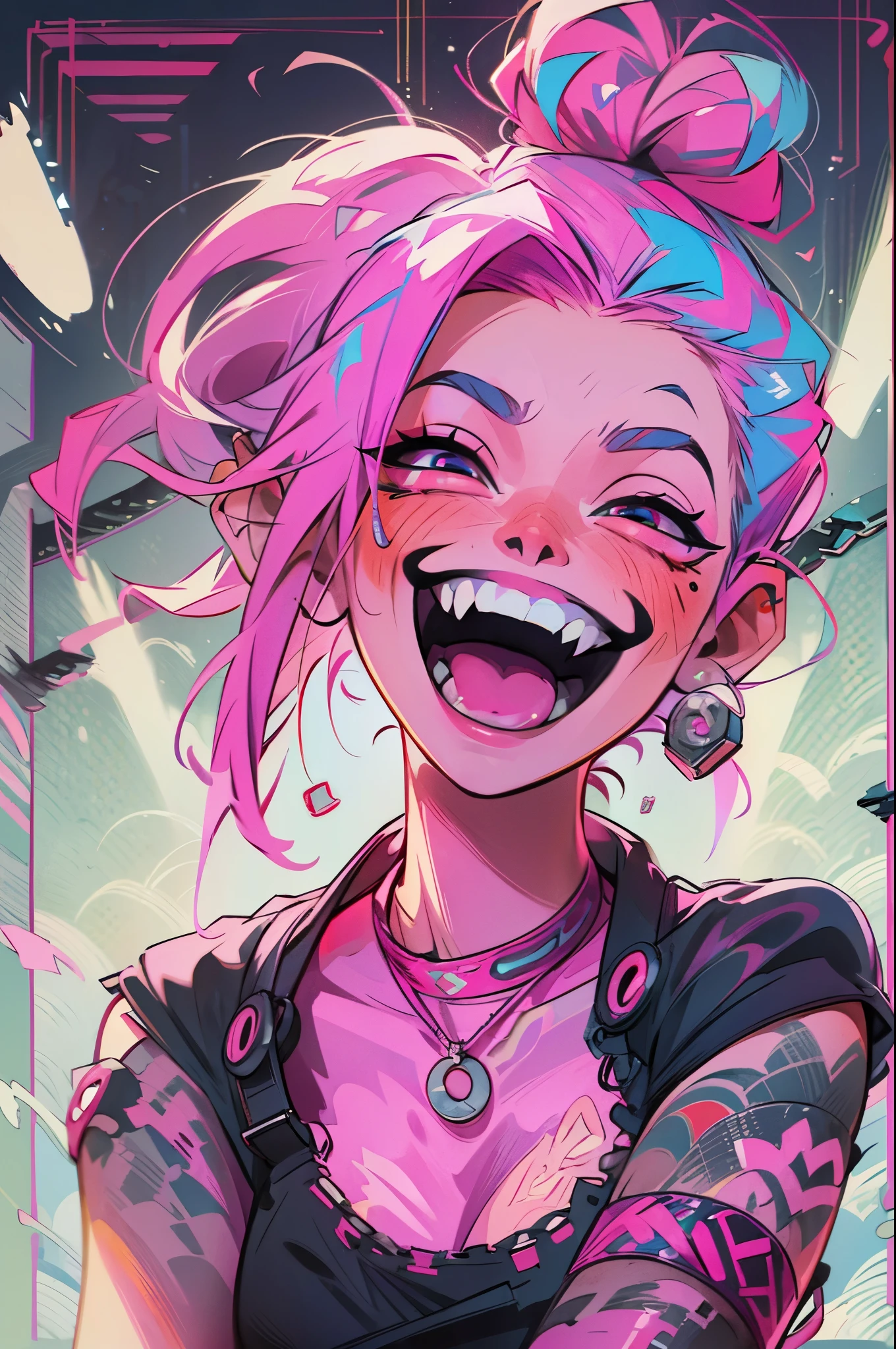 punk girl, psycho laugh, arms on back stays hidden, pink neon cyan colored hair, lust, round ass, shows open smile sharp teeth, fadecut pink neon cloud style hair, tattoos on hands and neck, piercing, black mixed pink striped sweater, cool badass pose, smoke background