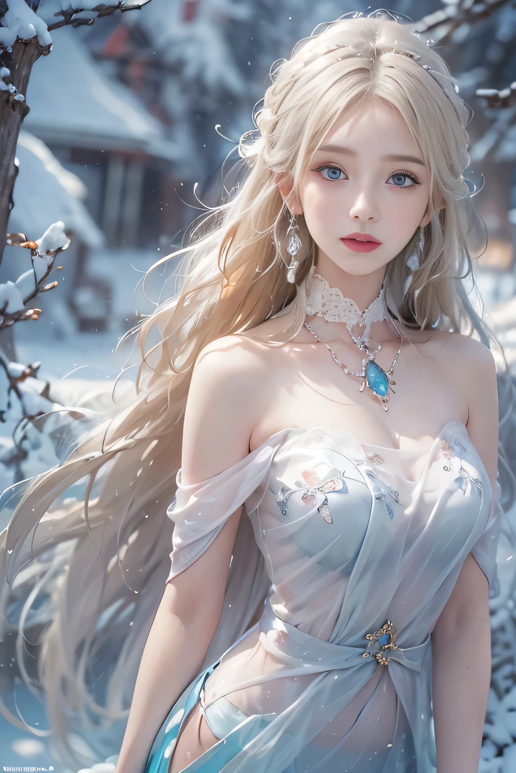 (photorealistic:1.8, highest quality:1.8,8K masterpiece:1.8,High resolution,muste piece:1.8),snow mountainに立つ1人の23歳の女性,fantasy,(transparent dress、mini skirt,Transparent Shawl、Elegant earrings、choker), beautiful detailed blue eyes:1.7,double eyelid:1.6,beautiful skin:1.8, (looking at the camera:1.2),(Photo seen from below:1.3),(long Hair:1.2,beautiful shining blonde hair:1.5), expression(Impish Smile:1.3,face turns red:1.3),(Moderate chest:1.3),Pause(Seductive pose:1.5),background(snow scene:1.5,snow mountain:1.3,fairyland forest),(slender:1.2),(detailed perfect face),normal hands:1.5,normal finger:1:5,normal feet:1.5,(cameltoe)