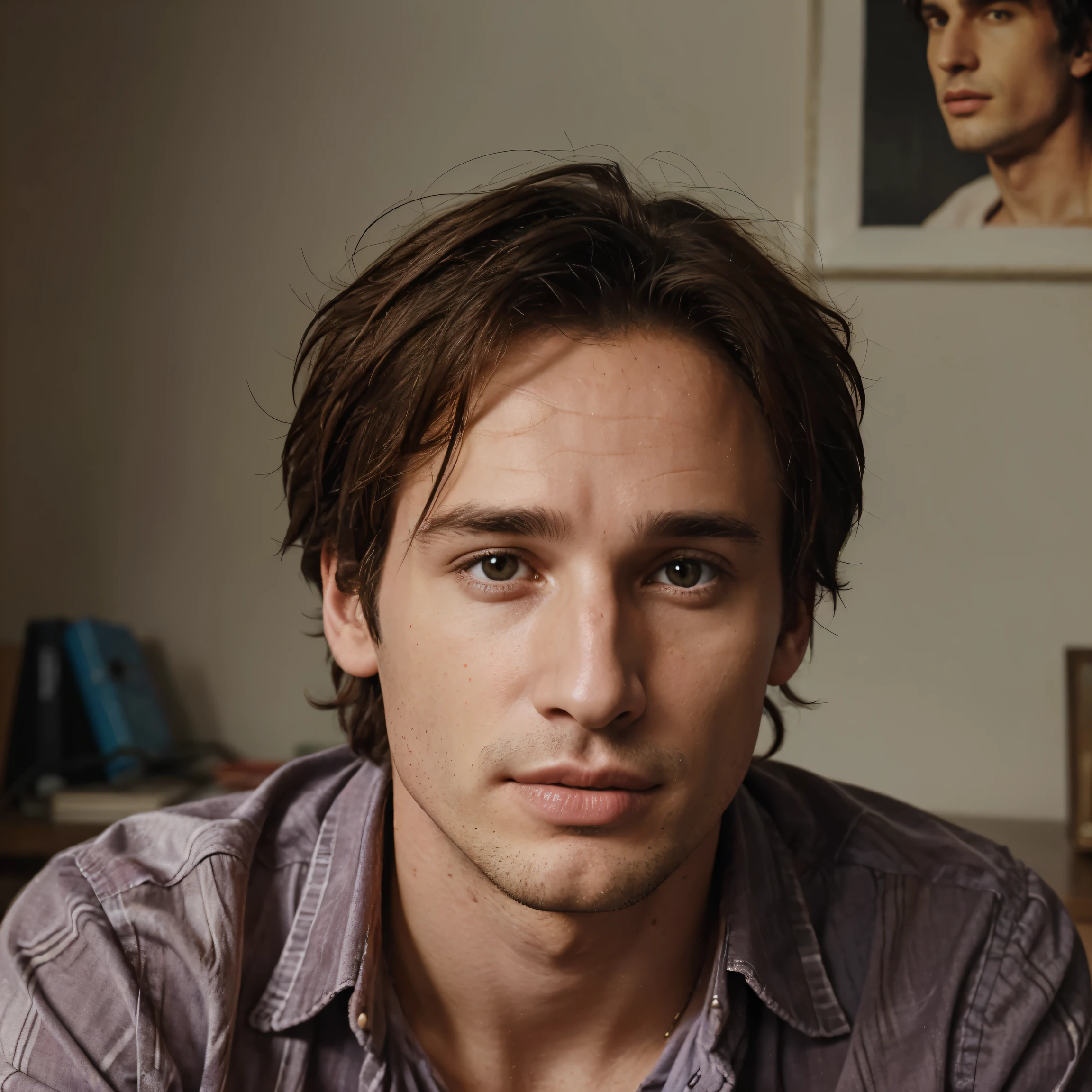 Portrait homme Jeff Buckley, faire, 40 ans, cheveux courts, Image en couleur, regard intense vers la caméra, en chemise, imberbe, sexe en érection,