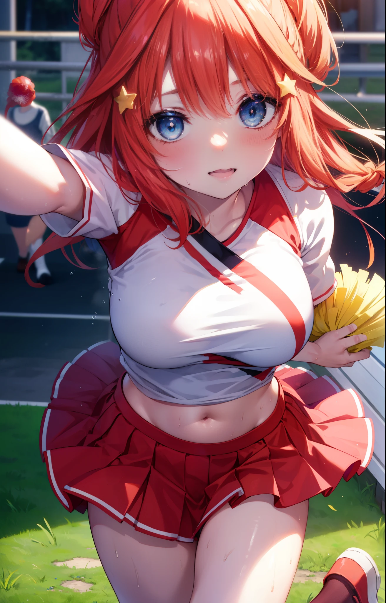 nsfw, masterpiece, 1 girl, ((topless)), intricately detailed, navel, necklace, sweaty, orange hair, jogging pants, smiling, extremely detailed, photorealistic, octane render, 8 k, unreal engine., bare breasts, bare stomach, beautiful face, small breasts, ((flat chest)), silence_suzuka \(umamusume\), stretching, horse ear, horse tail, bare shoulders, nipples, nude, different pose, open mouth, blushing, racetrack, people on background, oval field, track and field, cowboy shot, slim, thin,