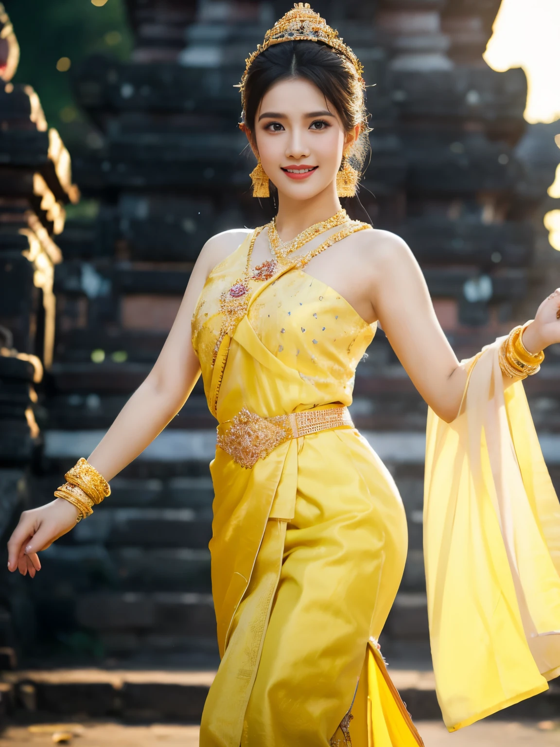 A young woman wearing a light yellow traditional Thai dress decorated with diamonds is performing a Thai dance against the backdrop of an ancient old palace.