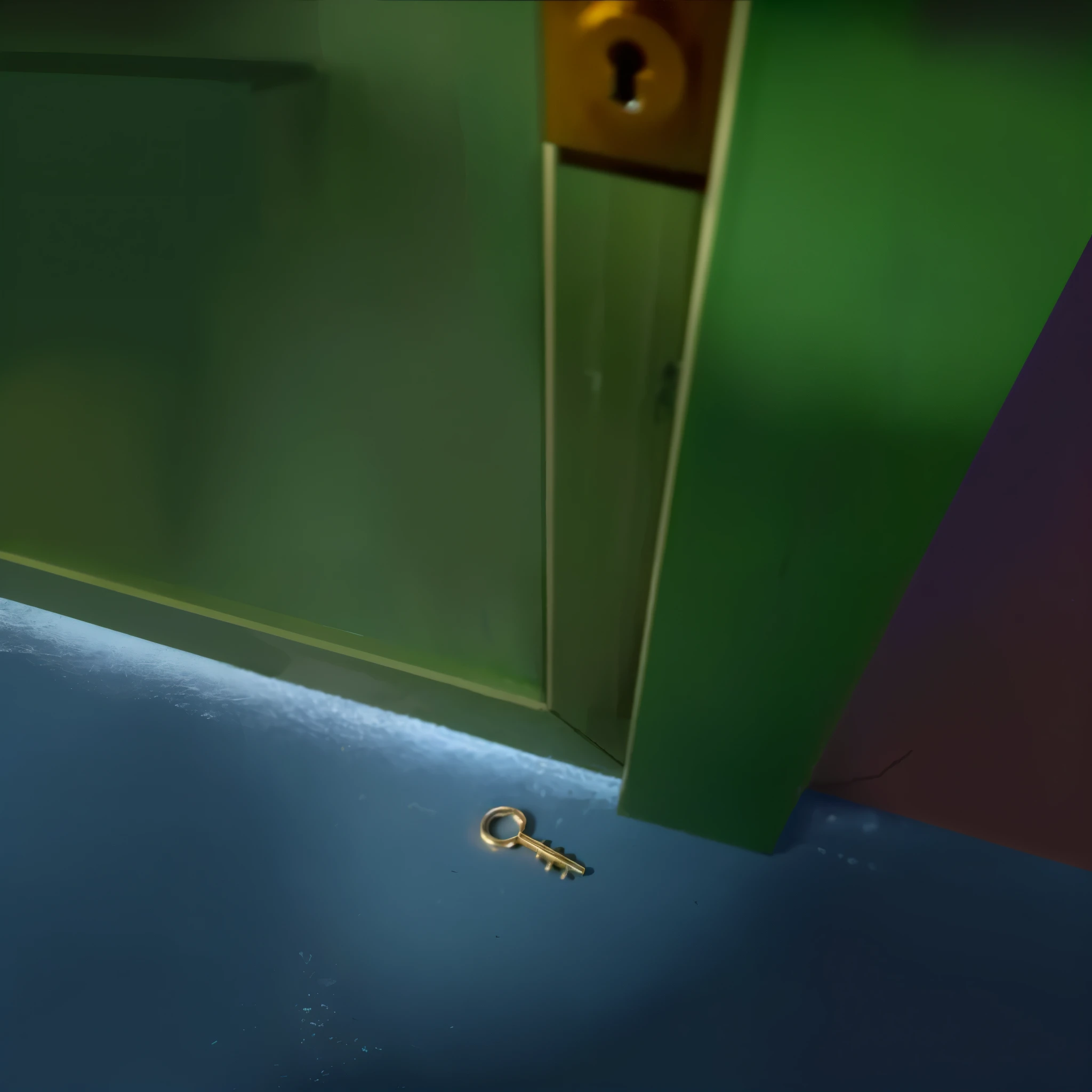 There is a pair of scissors on the floor, keyhole, The key is in the center of the image, door metal key, a door you can never open, open the door, About to enter the door frame, open the door, secret entrance, Close-up, Animation key shots, [ [ surreal ] ], keyhole on blue ball