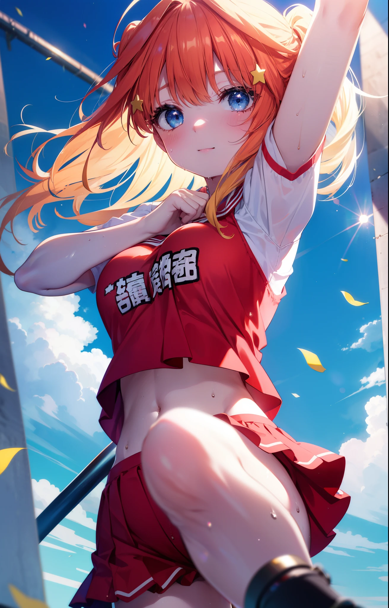 Satsuki Nakano, Itsuki Nakano, pom pomを両手で持っている,blush,open your mouth,smile,bangs, blue eyes, hair between eyes, Ahoge, redhead, star \(symbol\), hair ornaments, star hair ornaments,Braid,(Very delicate eyes), (Cheerleader), (whole body), big breasts, lower, (sweaty), sweaty Wet Clothes, (Red clothes), , navel support, playground, (jump), (jump), 足を曲げてjumpする, air, blue sky, Grass原, smileのCheerleader, pom pom \(Cheerleader\), Grass,
break looking at viewer, break outdoors, arena,
break (masterpiece:1.2), highest quality, High resolution, unity 8k wallpaper, (shape:0.8), (beautiful and detailed eyes:1.6), highly detailed face, perfect lighting, Very detailed CG, (perfect hands, perfect anatomy),