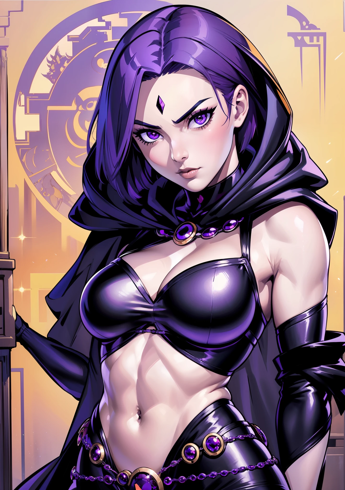 1girl, raven, black leotard, black cape, hood, purple hair, forehead jewel, purple eyes, short hair, belt, skin tight, standing, cleavage, toned, breasts, pose, night, moonlight, ((posing)), motion lines, torso, upper body, portrait, b&w. outline, perfect face, perfect gemstone