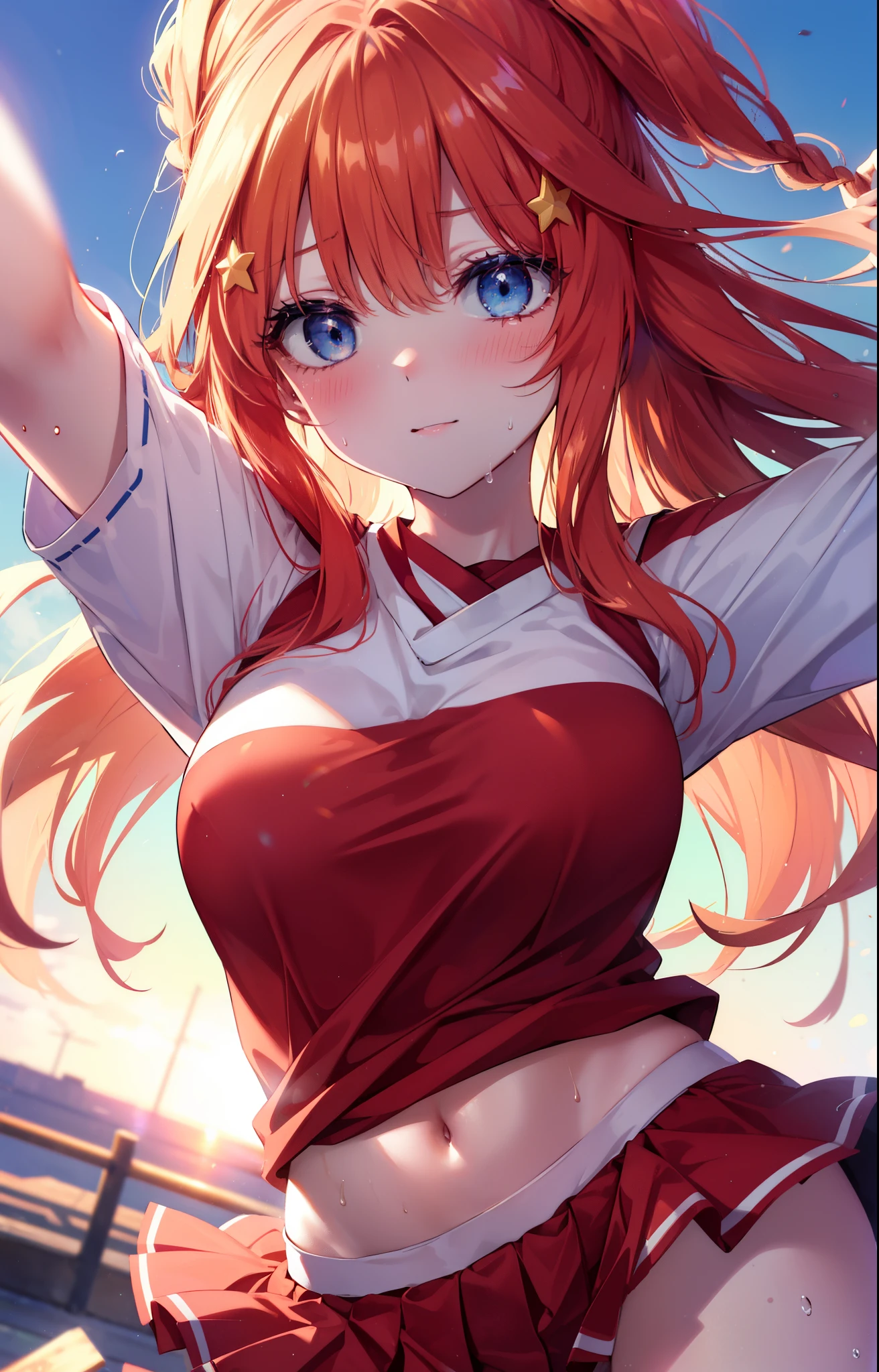 Satsuki Nakano, Itsuki Nakano, pom pomを両手で持っている,blush,open your mouth,smile,bangs, blue eyes, hair between eyes, Ahoge, redhead, star \(symbol\), hair ornaments, star hair ornaments,Braid,(Very delicate eyes), (Cheerleader), (whole body), big breasts, lower, (sweaty), sweaty Wet Clothes, (Red clothes), , navel support, playground, (jump), (jump), 足を曲げてjumpする, air, blue sky, Grass原, smileのCheerleader, pom pom \(Cheerleader\), Grass,
break looking at viewer, break outdoors, arena,
break (masterpiece:1.2), highest quality, High resolution, unity 8k wallpaper, (shape:0.8), (beautiful and detailed eyes:1.6), highly detailed face, perfect lighting, Very detailed CG, (perfect hands, perfect anatomy),
