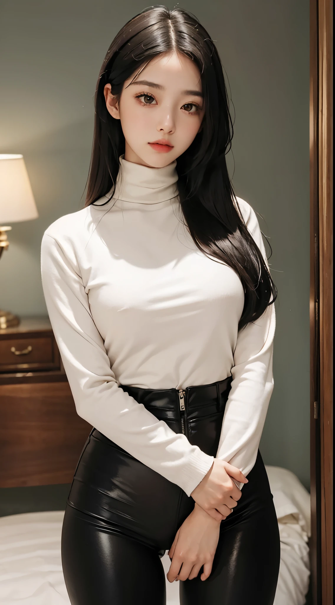 (highest quality, masterpiece: 1.1), (fidelity: 1.4), 1 girl, long eyelashes, (black hair), long hair, turtleneck, shiny pink leggings, (Emphasize the crotch)