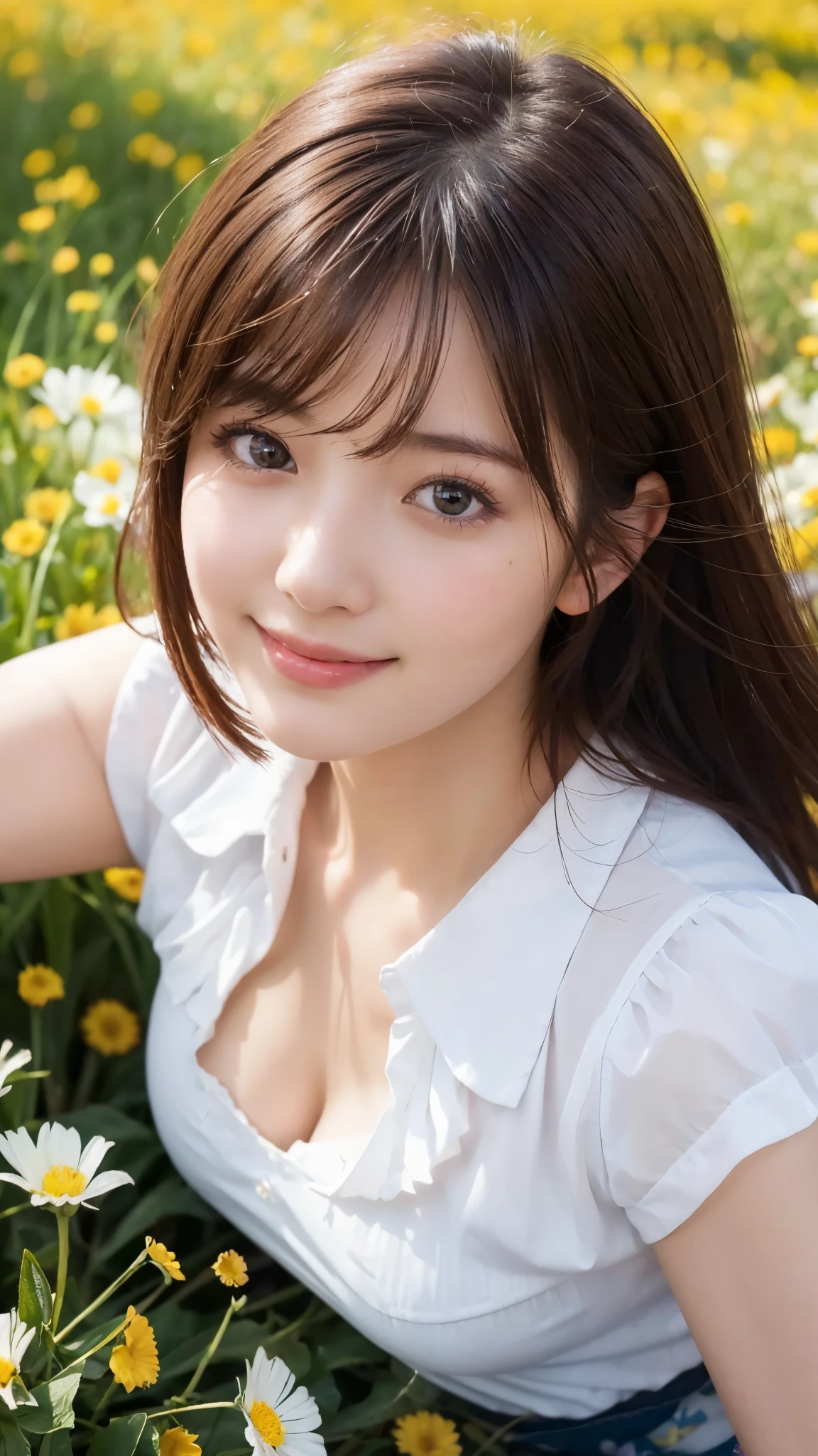 (highest quality,masterpiece:1.3,ultra high resolution),(Super detailed,caustics,8k),(photorealistic:1.4,RAW shooting),(girl lying in a flower field),(strong wind),(hair blowing in the wind),(Soaring petals),18-year-old,cute,Japanese,black short hair,look up at the camera with a smile,white blouse,(big ),bust up shot,(high position),(high angle),face focus,(face close up),bright light,Natural light,professional writing
