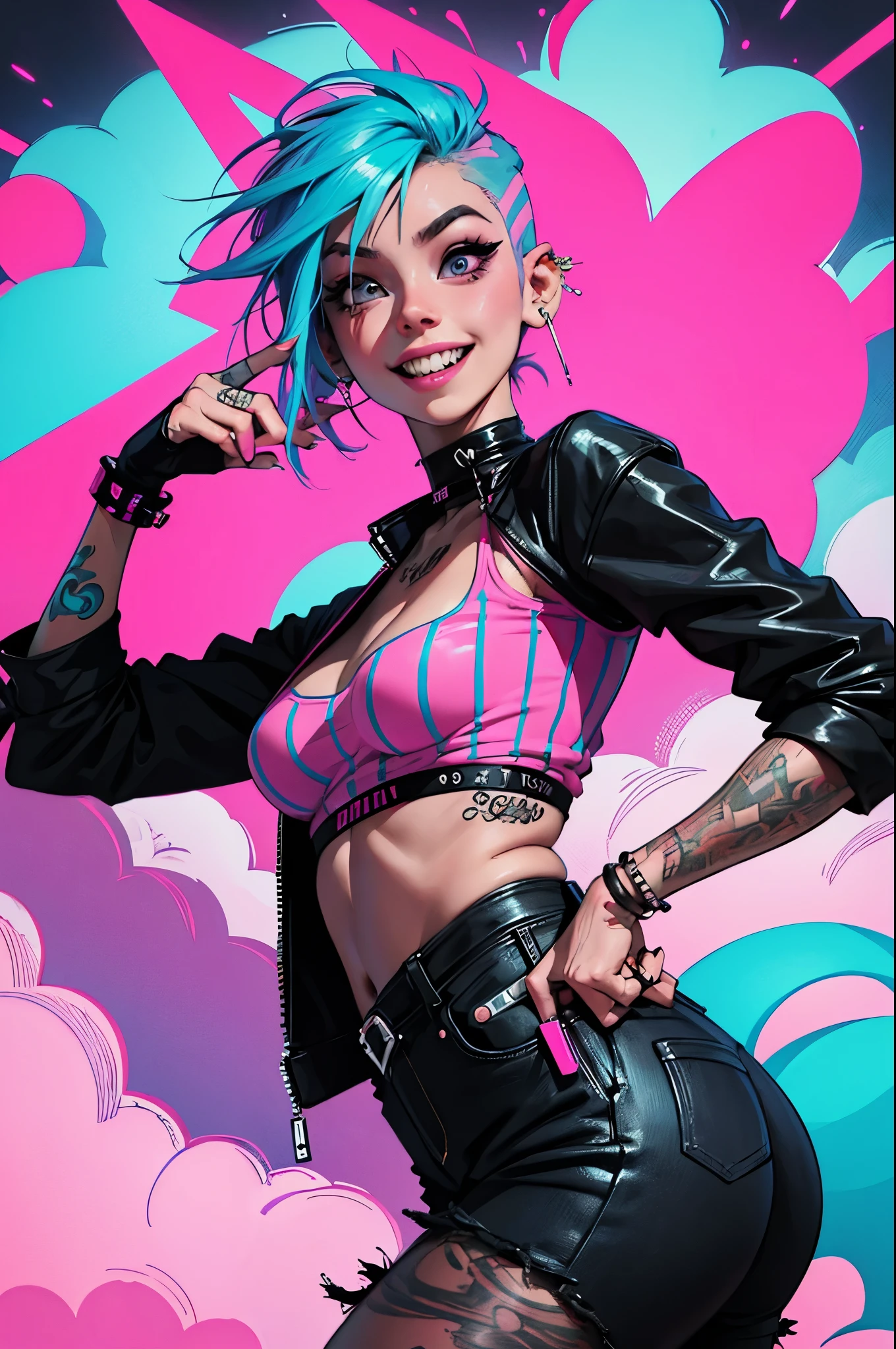 punk girl, psycho laugh, arms on back stays hidden, pink neon cyan colored hair, lust, round ass, shows open smile sharp teeth, fadecut pink neon cloud style hair, tattoos on hands and neck, piercing, black mixed pink striped sweater, cool badass pose, smoke background