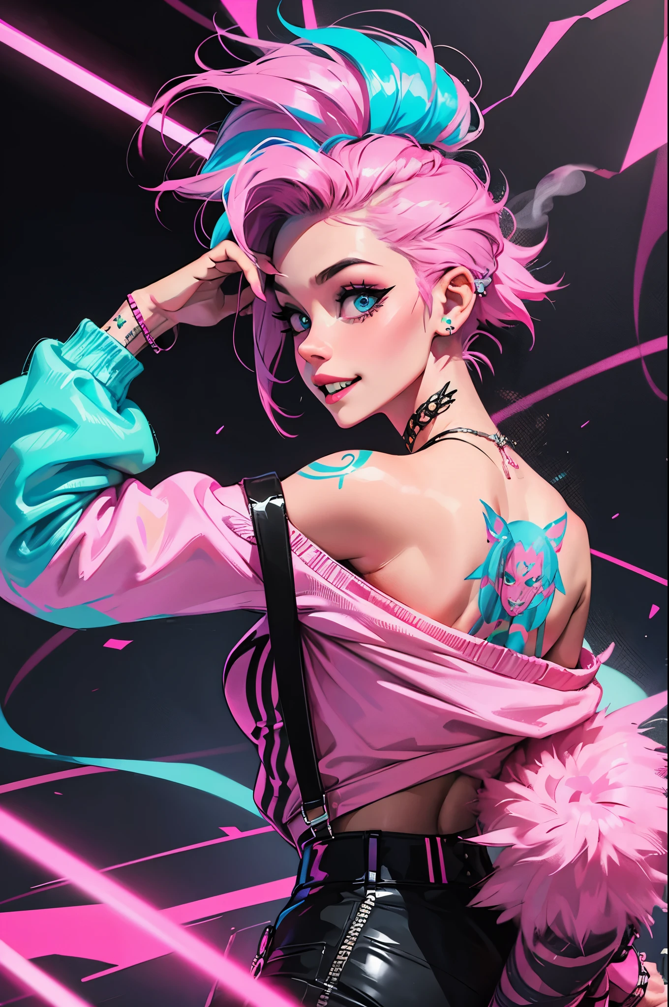 punk girl, psycho laugh, arms on back stays hidden, pink neon cyan colored hair, lust, round ass, shows open smile sharp teeth, fadecut pink neon cloud style hair, tattoos on hands and neck, piercing, black mixed pink striped sweater, cool badass pose, smoke background
