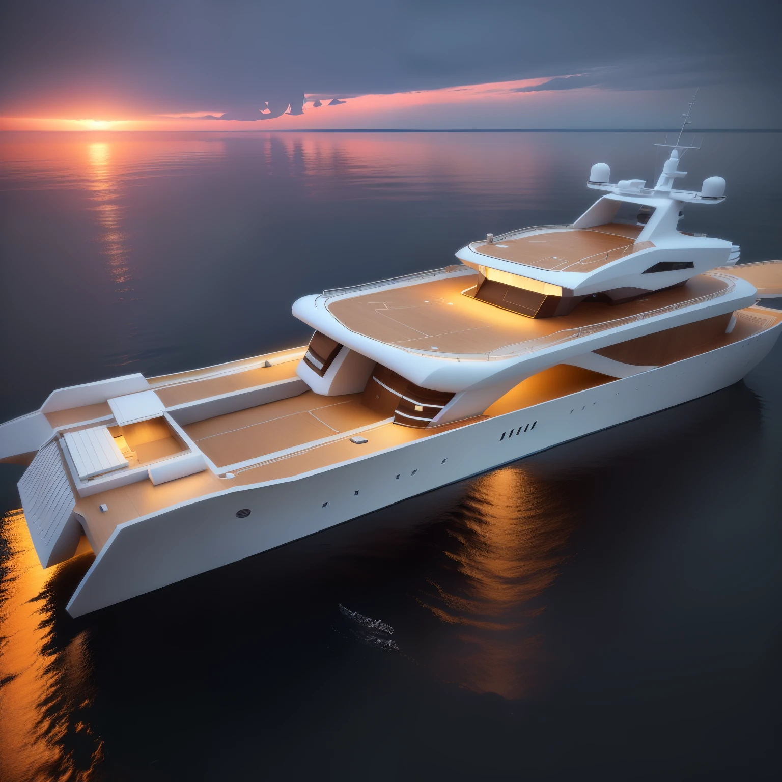 There was a boat floating in the water, concept ship, shaped like a yacht, Checkmate rendering, ocean rendering, a Low polygon rendering, heavily stylized, Depicted as 3D rendering, 3d present, 3 d present, Low polygon rendering, Iron Man Concept Yacht, present, pre-present, present 3d model