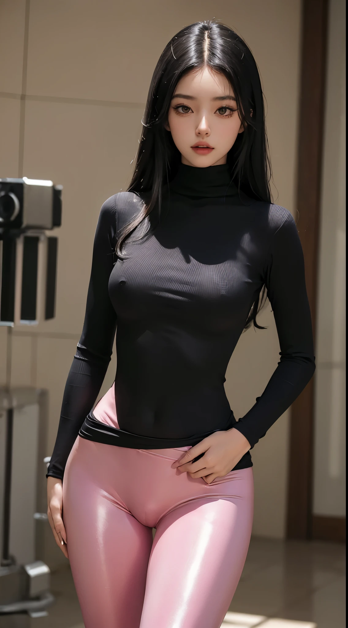 (highest quality, masterpiece: 1.1), (fidelity: 1.4), 1 girl, long eyelashes, (black hair), long hair, turtleneck, shiny pink leggings, (Emphasize the crotch)