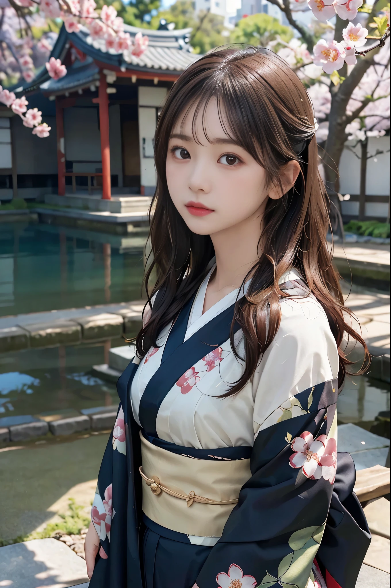 ((masterpiece,best quality 1.4)), (8k,RAW photo:1.2), (realistic,photo realistic:1.4), ultra high resolution , (Highly detailed 8k wallpaper) ,japanese idol, Japanese actress, Japanese, very cute, Big eyes, highly detailed eyes and face, Beautiful eyes in every detail,shiny skin,portrait,(medium hair and straight hair :1.3), professional lighting, sharp focus, Depth of written boundary , (dynamic angle:1.33 ). blur background, Bokeh, (Kimono with gorgeous pattern) ：A peaceful Japanese garden in spring, It is characterized by cobblestone streets that wind through moss-covered ground., Cherry blossoms bloom overhead、A traditional tea room can be seen in the distance.