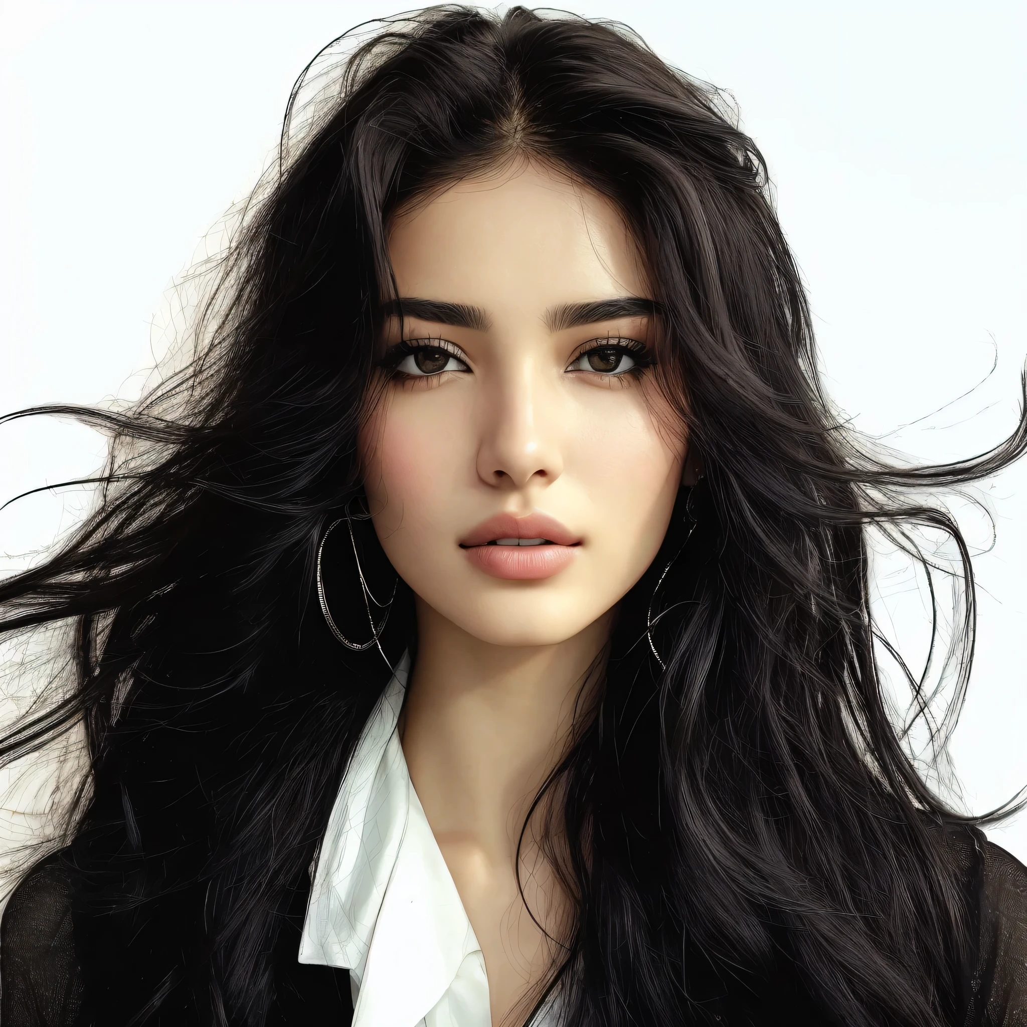 portrait of a girl with a characteristic bold look, Her black hair, framing her face, brown eyes sparkle with intensity, Small spout, adding unique tenderness, and beautiful, full lips emphasize her sensuality. She looks like an Instagram model, radiating confidence in one's behavior. Capture the boldness and confidence in her gaze, inviting viewers to feel her charm and charisma. Consider the lighting, to highlight the contours of her face and give a special sparkle to her eyes.."